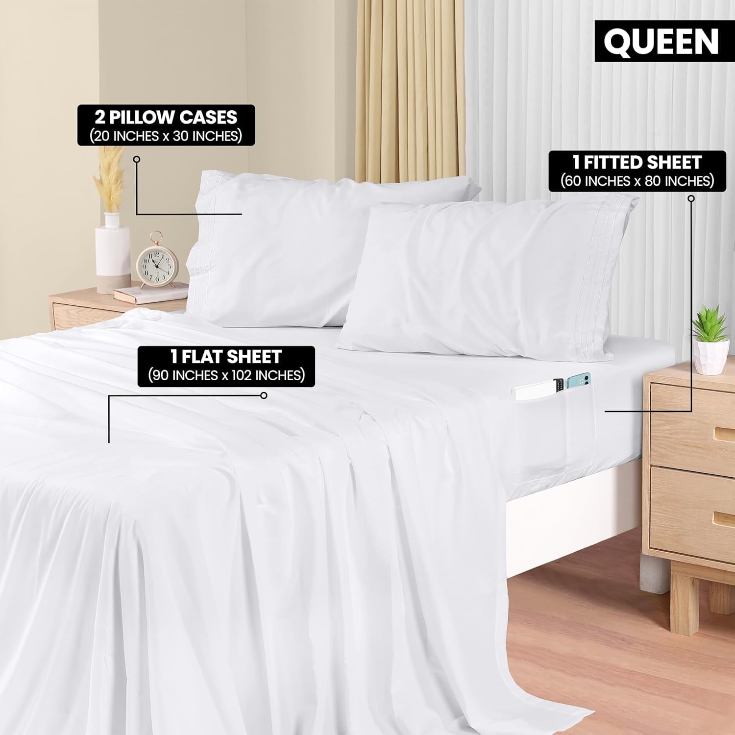 Premium Egyptian Cotton Set, Soft Microfiber 4 Piece Hotel Luxury Bed s with Deep Pockets, Embroidered Pillow Cases, Side Storage Pocket Fitt... - Premium Ultra-Soft Pillowcase Pair for Sleeping Detail