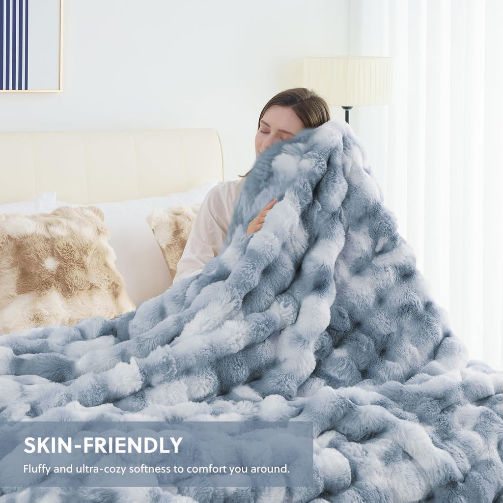 Super Soft Flannel Faux Fur Blanket Fluffy Luxury Throw Blanket Plush Fuzzy Blanket for Couch Bed 50×60 Inches Tie-dyed Blue - Cozy Fleece Throw Blanket for Couch & Bed Detail