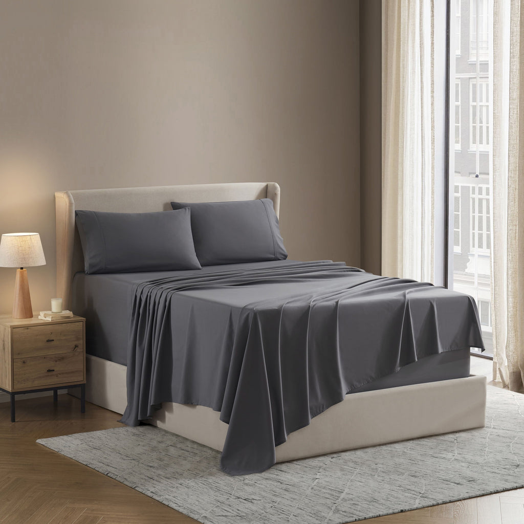 Premium Egyptian Cotton Sheet Sets, Deep Pocket 4 Piece, Luxury Soft Microfiber Bed Sheet Sets, GRAY - Breathable Egyptian Cotton Flat & Fitted Sheets Detail