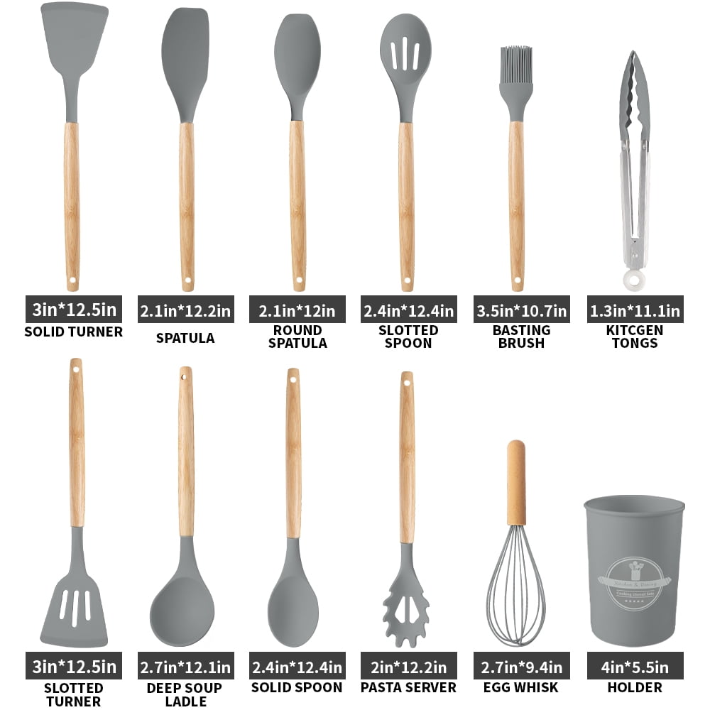 Non-Stick Safe Silicone Wooden Heat Resistant Kitchen Utensil Set, 12 pcs - Premium Stainless Steel Cooking Utensil for Non-Stick Pots Detail