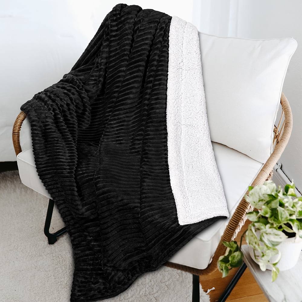 Decorative Knitted Reversible Sherpa Fleece Throw Blanket Black, Plush Flannel Throw, Ultra Soft Warm Ribbed Microfiber Blanket for Sofa... - Luxury Knitted Decorative Throw Blanket with Fringes Detail