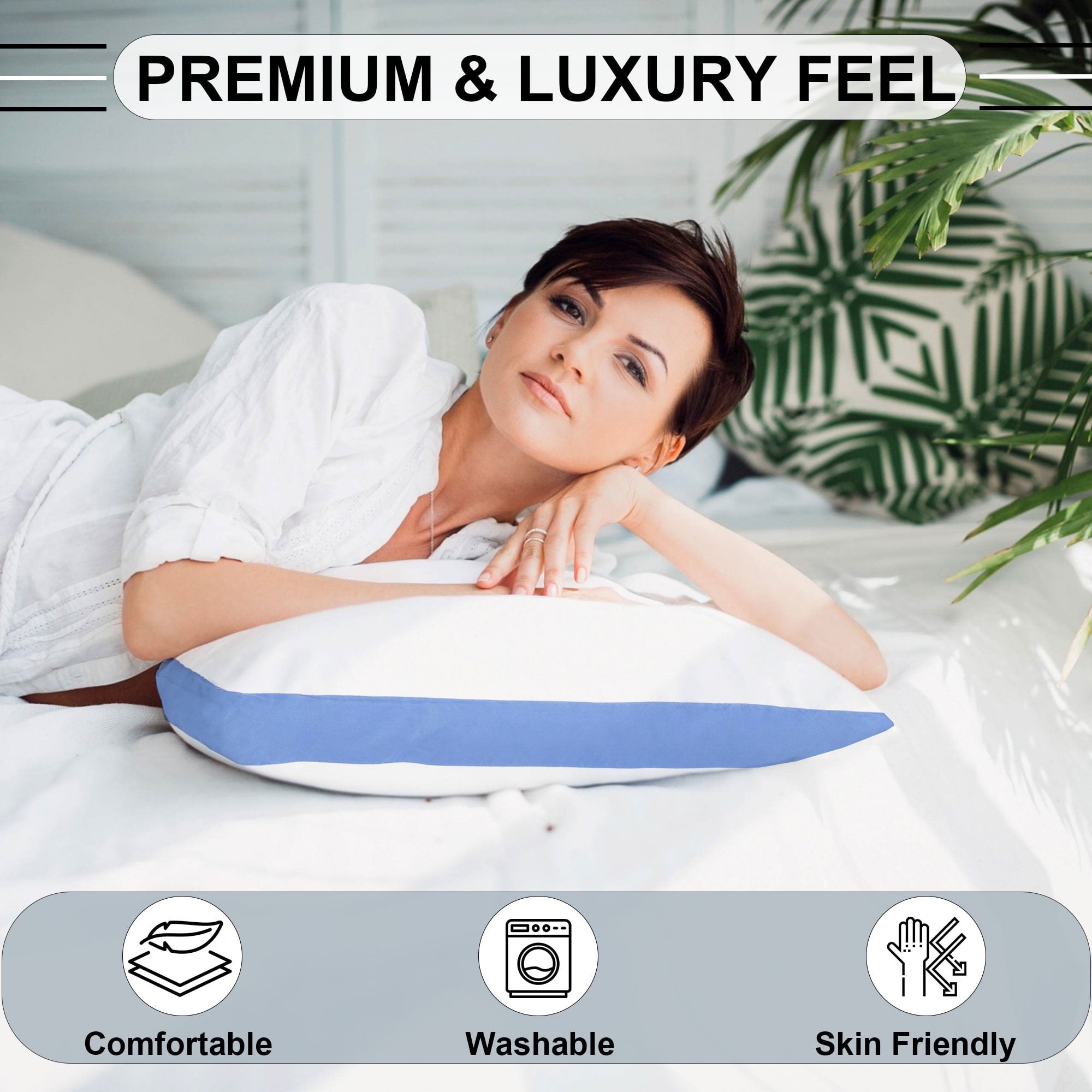 Orthopedic Support Gusseted Queen 18x26 Bed Pillows for Sleeping Set of 2 Polycotton White Blue Stripe Comfortable - Orthopedic Shredded Foam Bed Pillow Set Detail