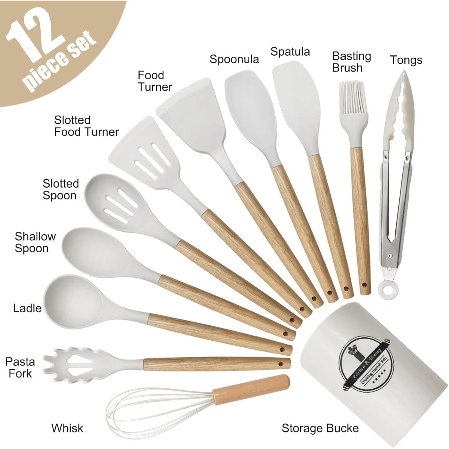 Non-Stick Safe Cooking Utensils Set, 12 packs Non-Stick Silicone Cooking Kitchen Utensils Spatula Set with Wooden Handles and... - Heat-Resistant Silicone Cooking Spatula Turner Detail
