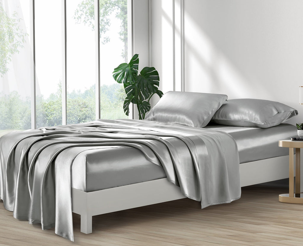 Premium Egyptian Cotton Luxury Satin Sheets Set Full Size Light Gray, 4-Piece Bedding Sets with Deep Pockets - Soft and Smooth Satin Bed Shee... - Cooling Hotel Quality Bedding Sheets and Pillowcases Detail