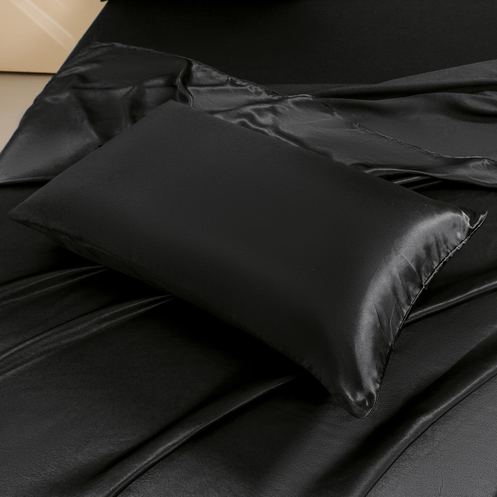 Ultra-Soft 4Pcs Black Satin Sheets Queen Set Silk Sheets 13" Deep Pocket Ultra Soft silky Bed Sheet Set - Luxury Bed Sheet Set with Deep Pockets Detail