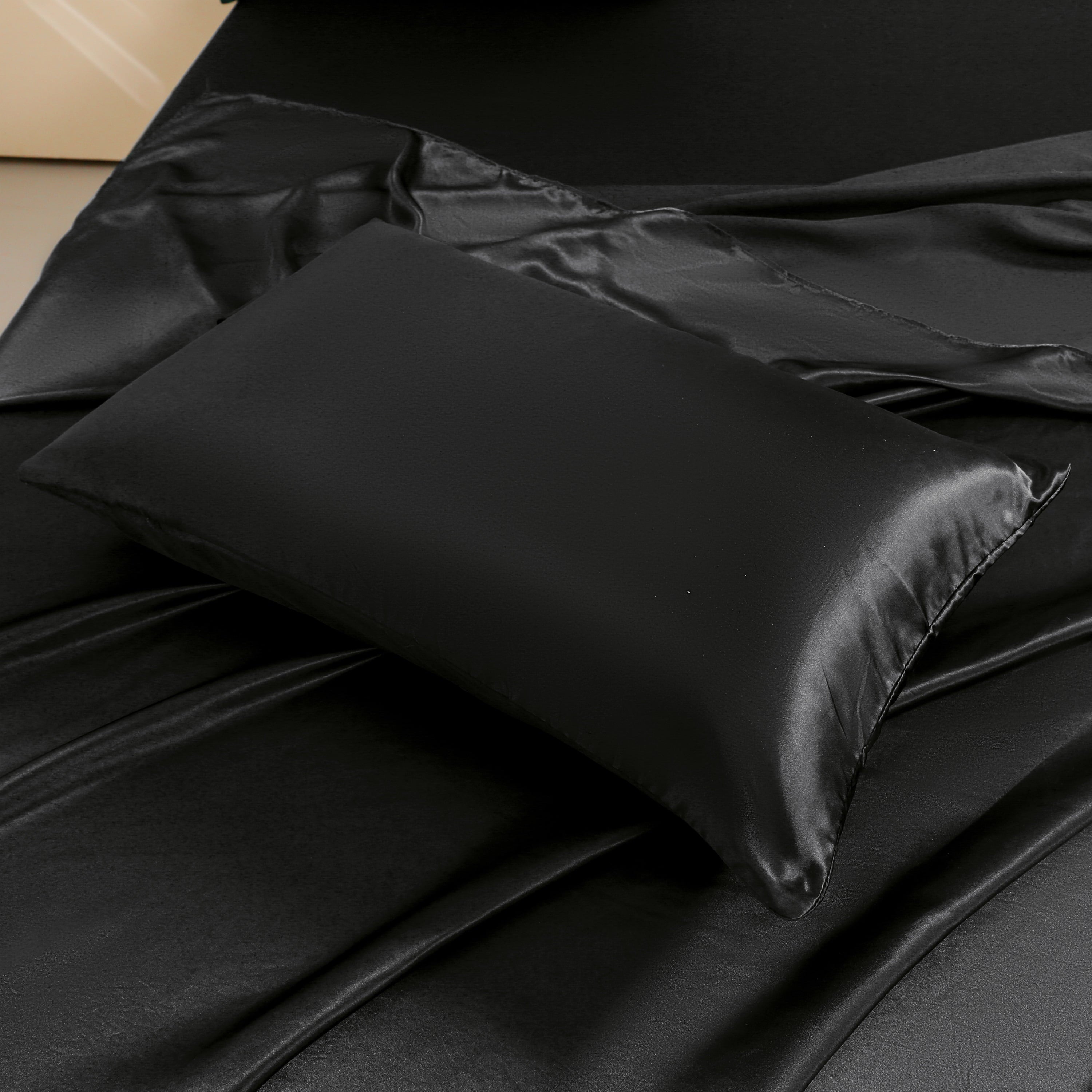 Ultra-Soft 4Pcs Black Satin Sheets Queen Set Silk Sheets 13" Deep Pocket Ultra Soft silky Bed Sheet Set - Luxury Bed Sheet Set with Deep Pockets Detail