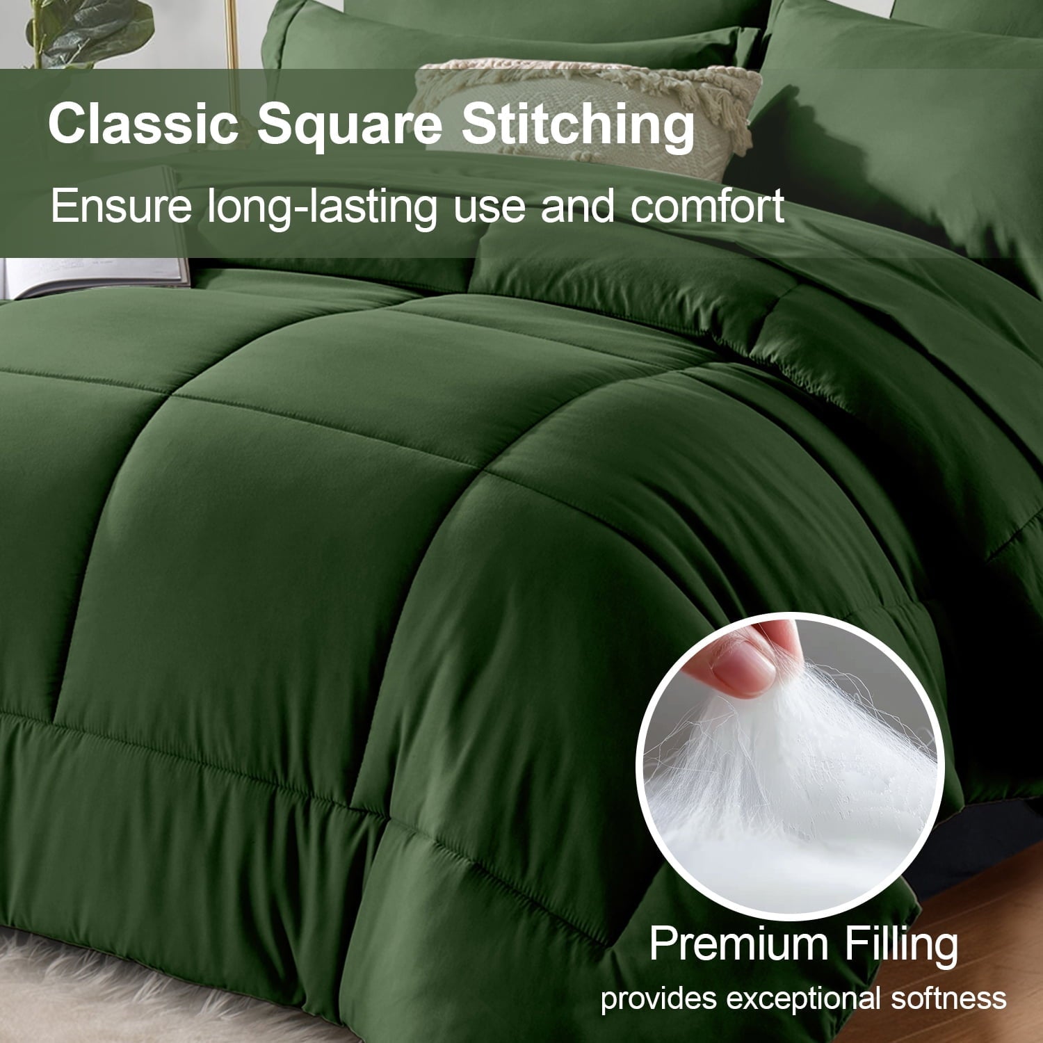 Luxurious Quilted Queen Comforter Set Forest Green Bed in a Bag Queen Size 7 Pieces Soft Bed Set Lightweight Microfiber Green Bedding C... - Hypoallergenic Ultra-Fluffy Quilt for Winter Detail