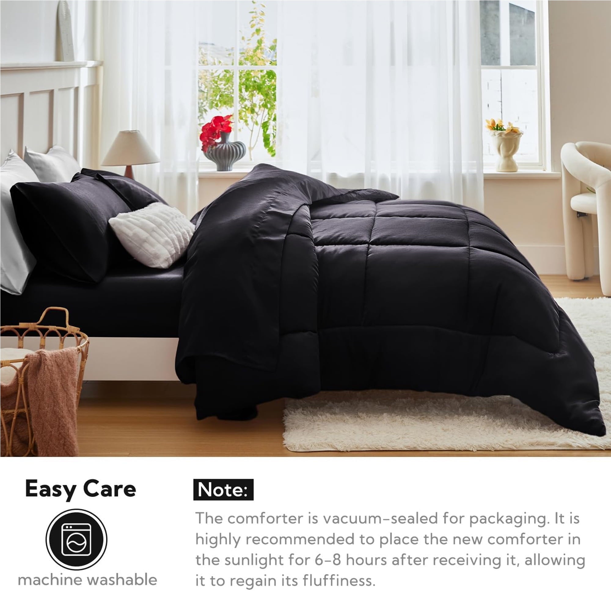 Hypoallergenic Cloud Reversible Satin Microfiber Comforter 3 Pieces Queen Size, Black Queen Comforter Set for All Seasons, Silky Soft Sati... - All-Season Down Alternative Comforter Insert Detail