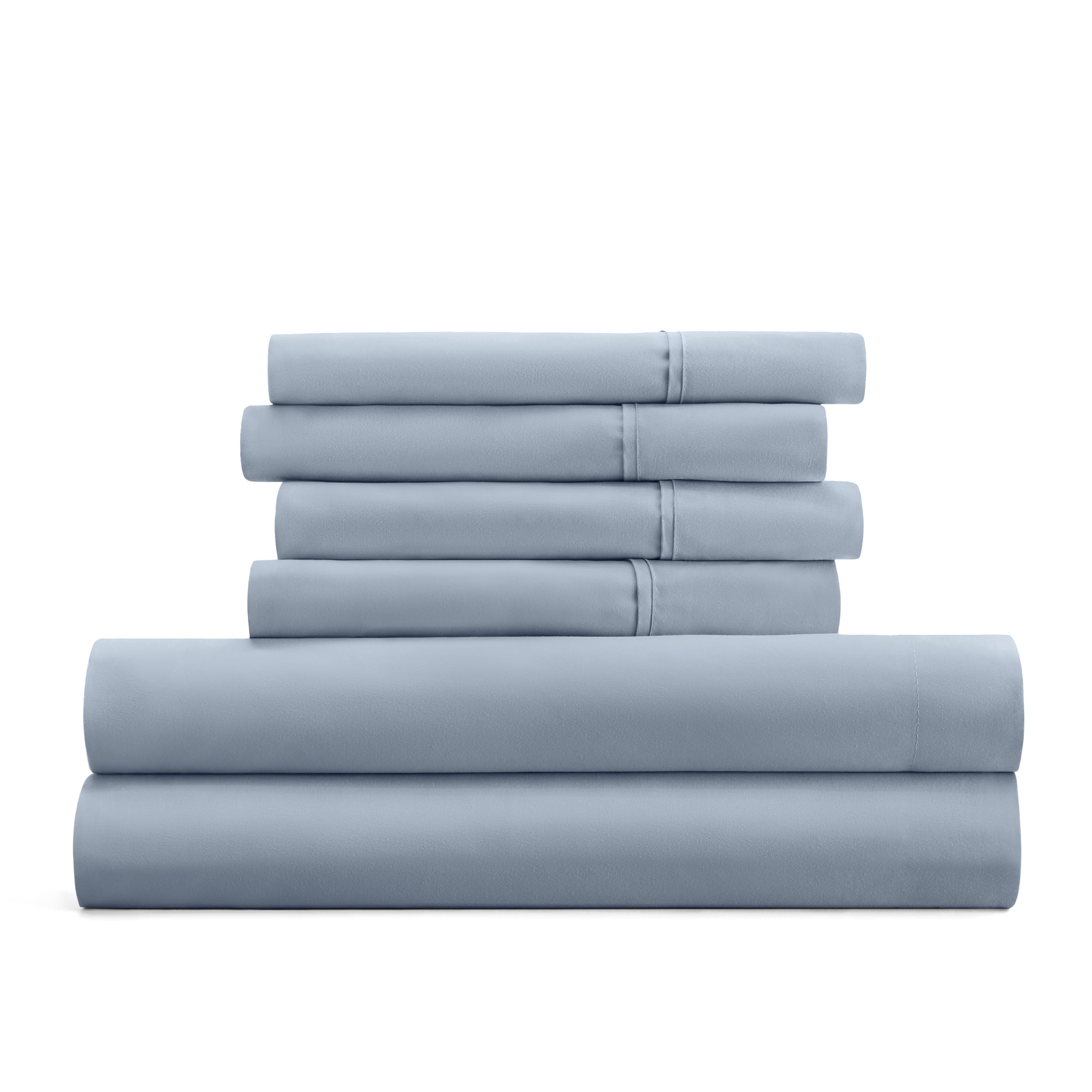 Cooling Sateen Queen, Light Blue Solid Microfiber 6 Piece Bed Sheet Set - Premium Ultra-Soft Pillowcase Pair for Sleeping Detail