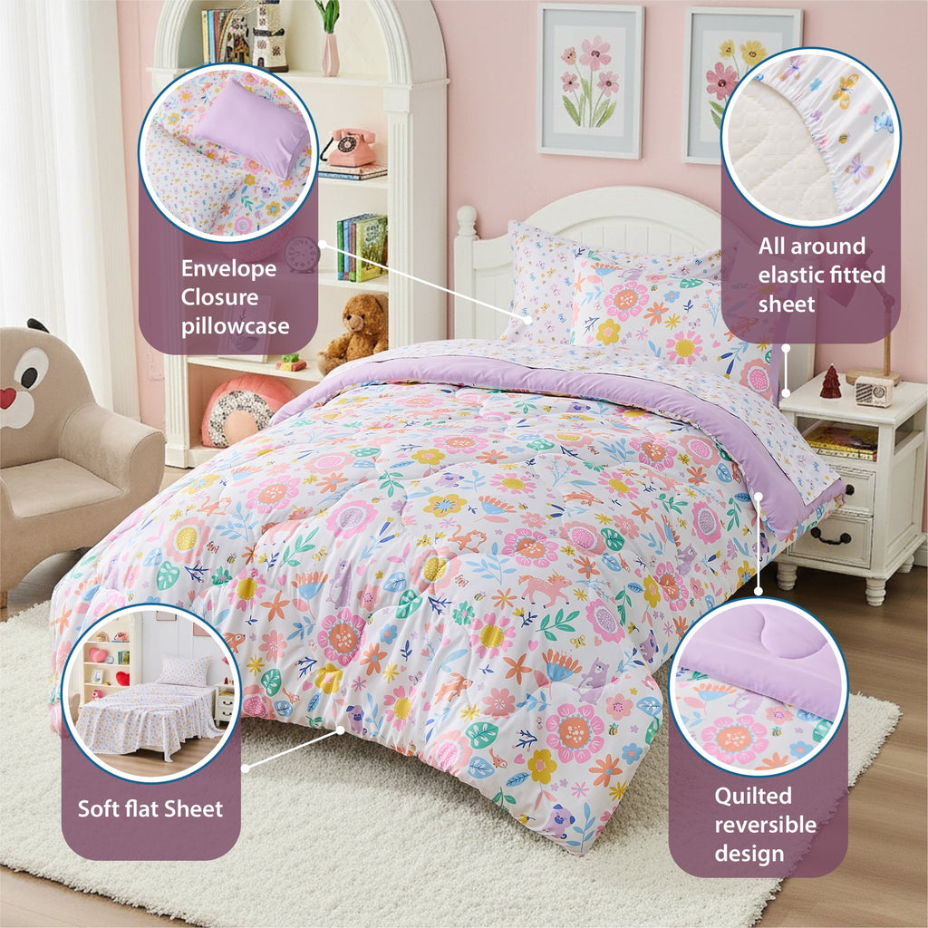 Luxurious Quilted Floral Comforter Set, Soft Microfiber Flower Bedding Set, 5 Pieces with Comforter, Sheets and Pillowcases, Twin - Cloud-Like Soft Lightweight Bed Comforter Detail