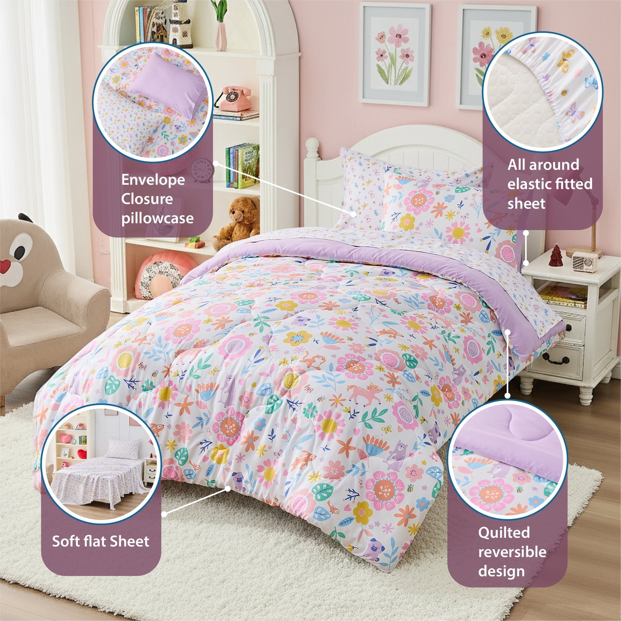 Luxurious Quilted Floral Comforter Set, Soft Microfiber Flower Bedding Set, 5 Pieces with Comforter, Sheets and Pillowcases, Twin - Cloud-Like Soft Lightweight Bed Comforter Detail