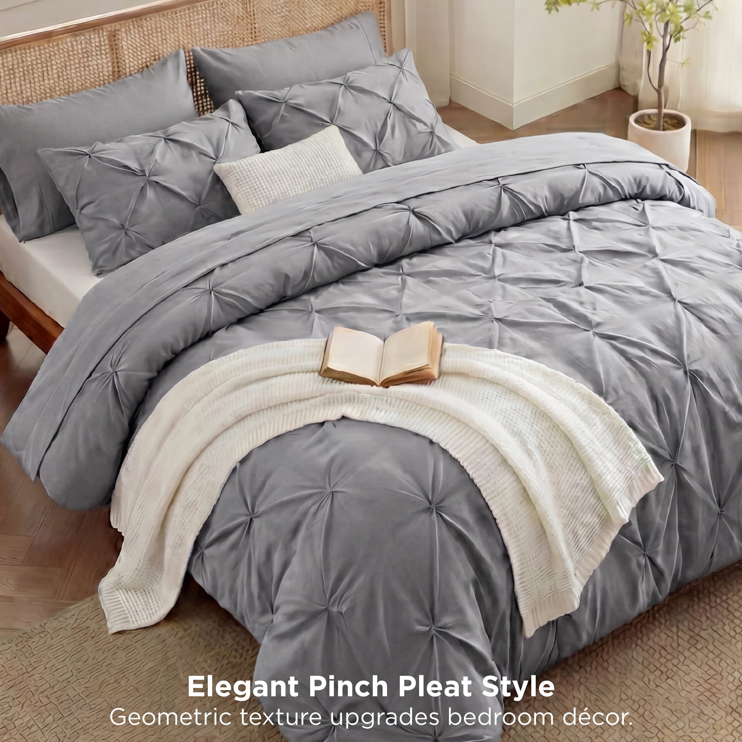 Fluffy Down Alternative Queen Comforter Set Grey, Bed in a Bag Queen Size Bedding, 7 Pieces Pinch Pleat All Season Comforter - All-Season Down Alternative Comforter Insert Detail