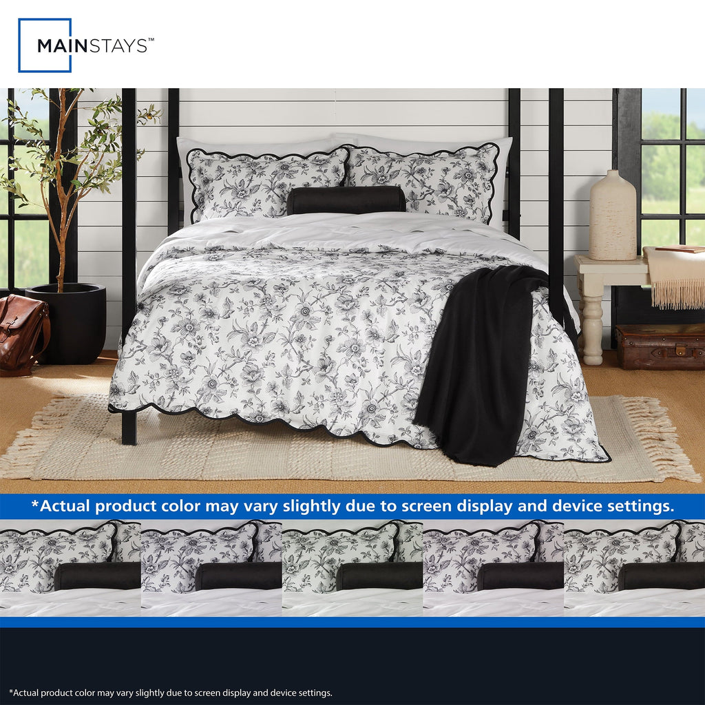 Heavyweight Warmth Floral Scallop 4-Piece White/Black Comforter Set, Twin/Twin XL - All-Season Down Alternative Comforter Insert Detail