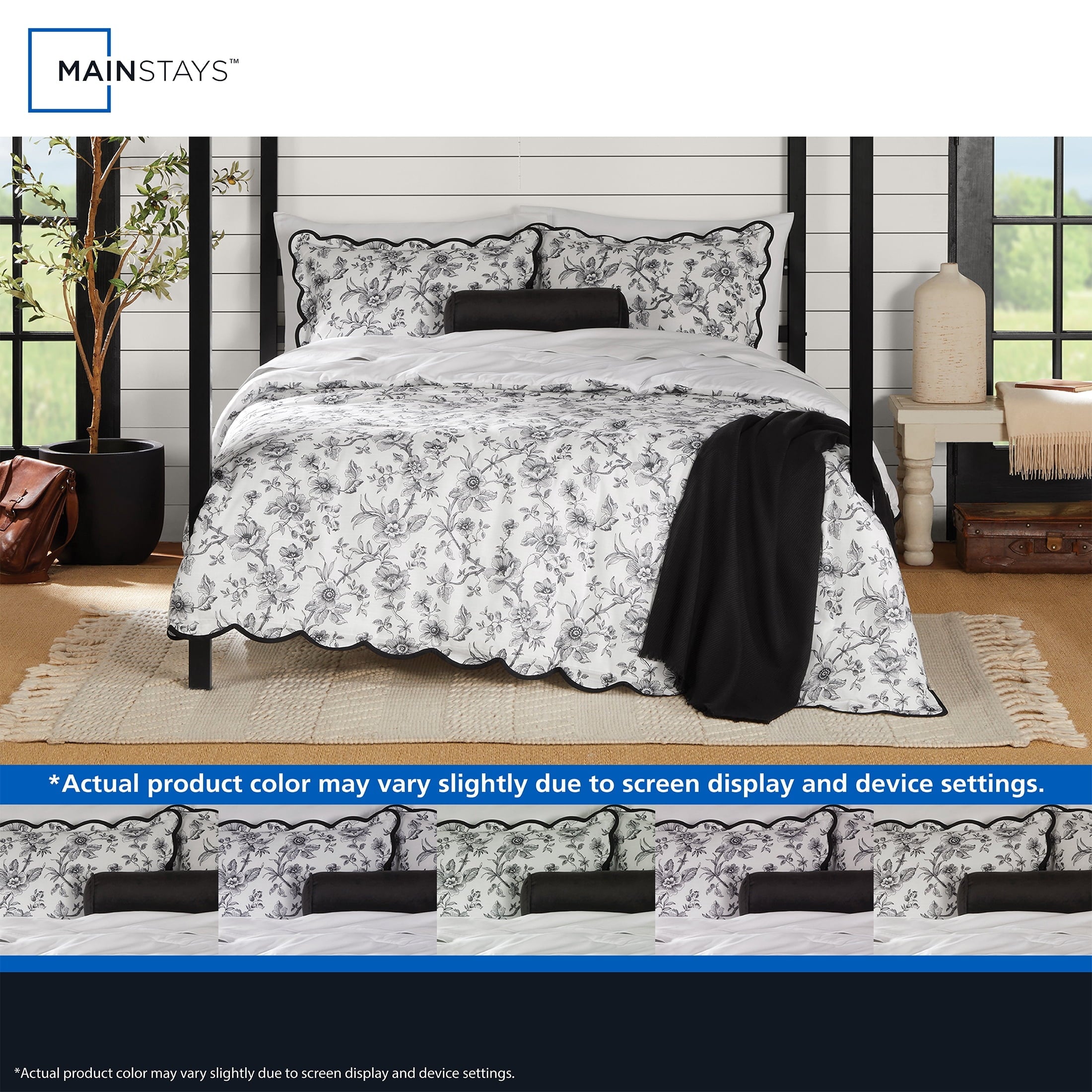 Heavyweight Warmth Floral Scallop 4-Piece White/Black Comforter Set, Twin/Twin XL - All-Season Down Alternative Comforter Insert Detail