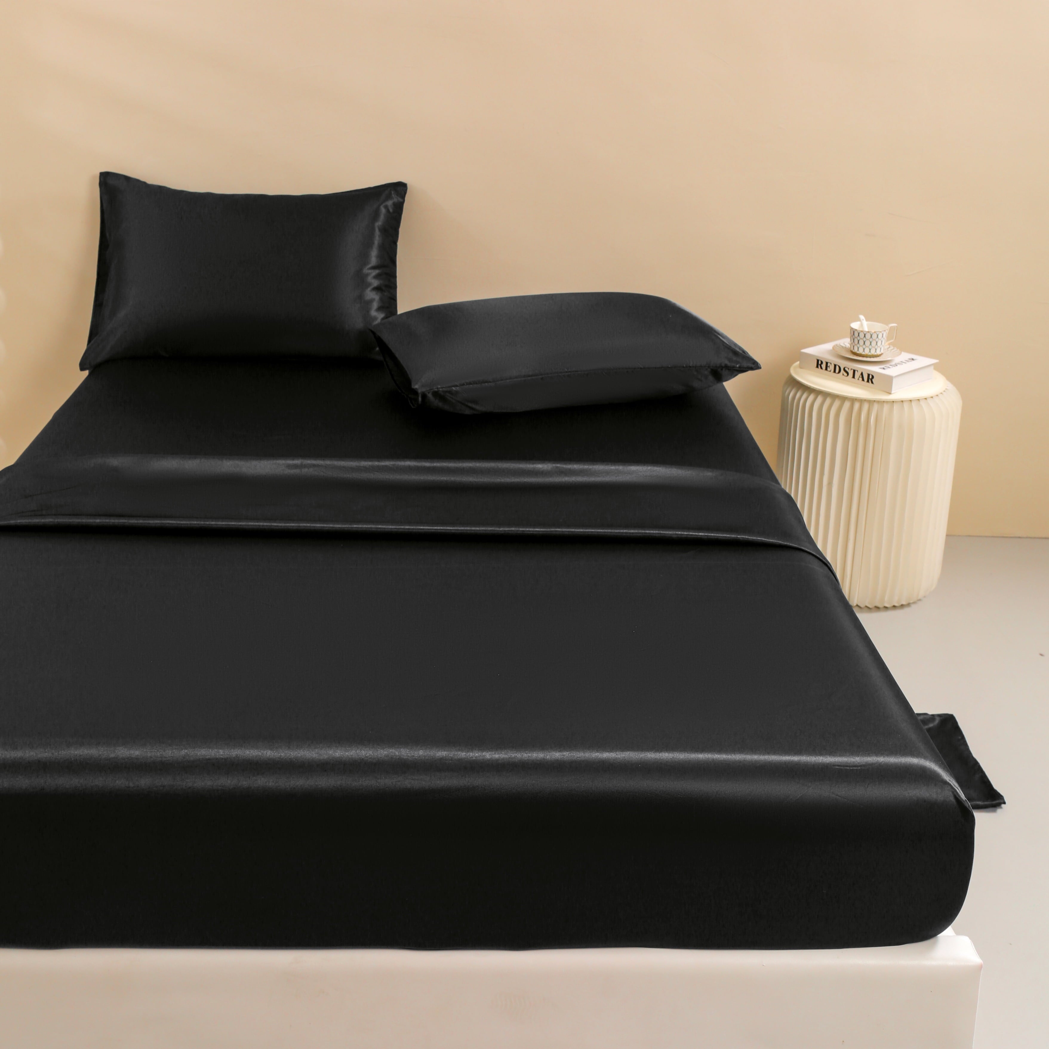 Ultra-Soft 4Pcs Black Satin Sheets Queen Set Silk Sheets 13" Deep Pocket Ultra Soft silky Bed Sheet Set - Luxury Bed Sheet Set with Deep Pockets Detail