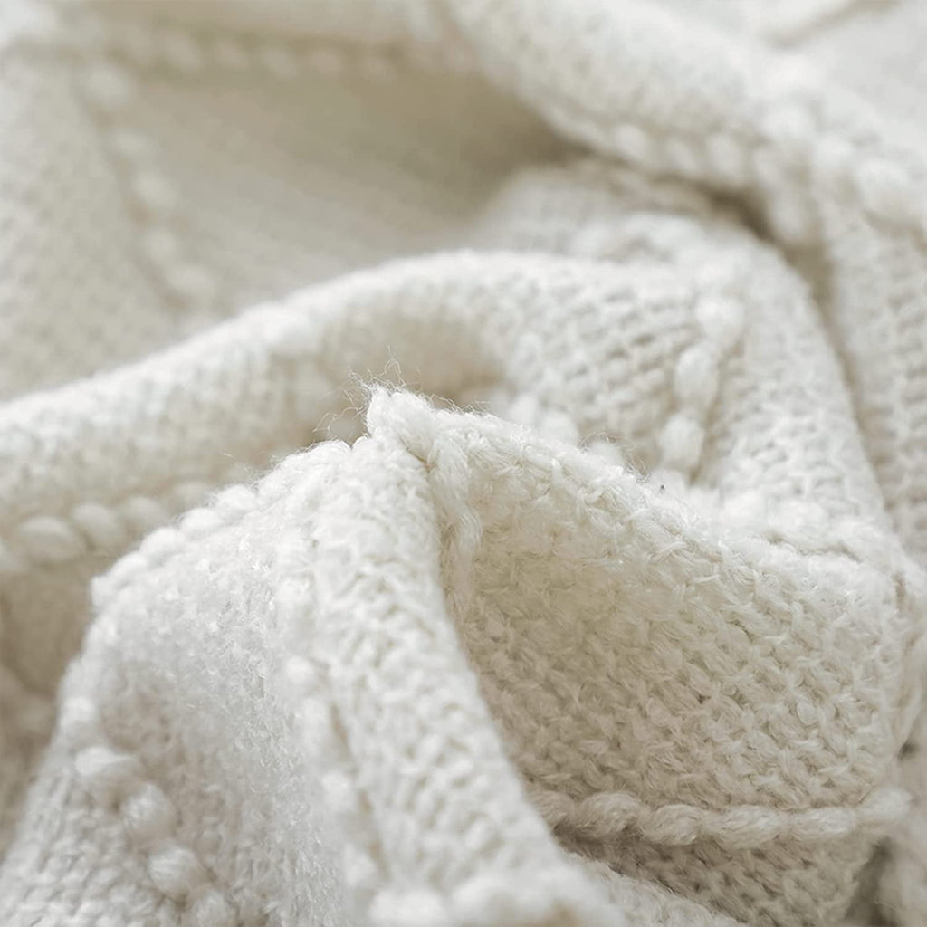 Lightweight Warm Rhombus Beige Throw Blanket, Soft and Lightweight, 50"x 60" - Luxury Knitted Decorative Throw Blanket with Fringes Detail