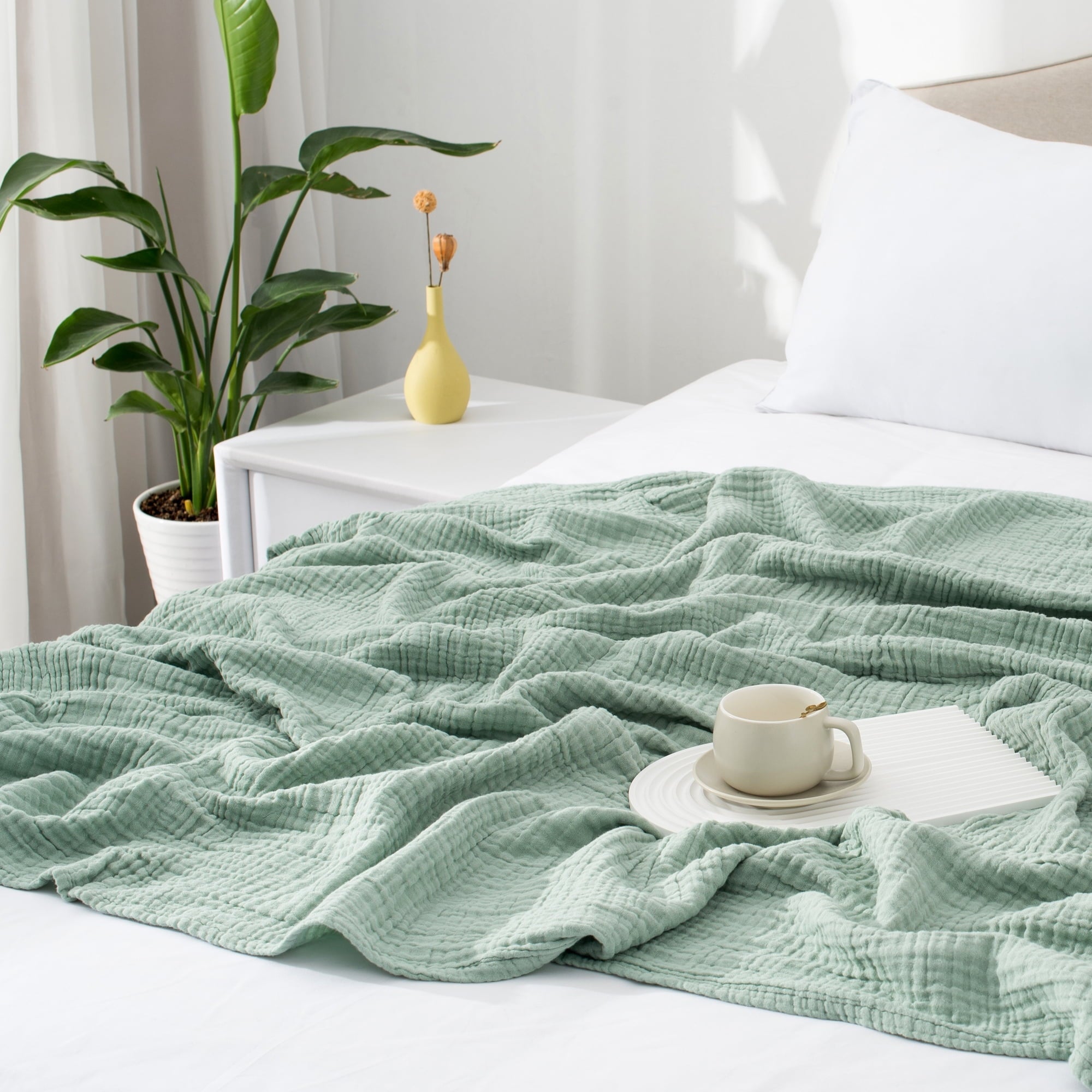 Super Soft Flannel 100% Cotton Muslin Throw Blanket Gauze Blankets for Adults Soft Throws for Bed and Couch, 50" x 70" Sage Green - Luxury Knitted Decorative Throw Blanket with Fringes Detail