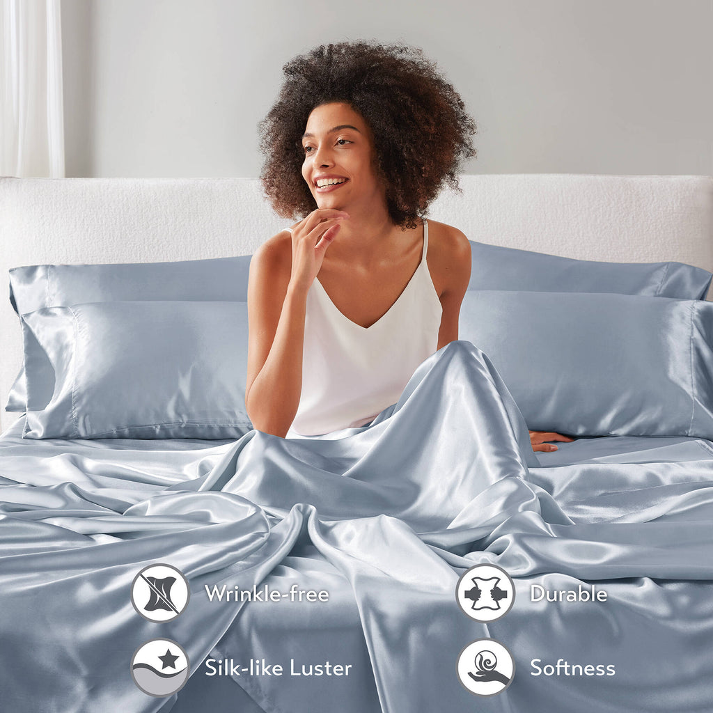 Cooling Sateen Satin Sheet Set, Twin Bed Sheets with Pillowcases, 4-Piece Luxury Silky Sheet Set, Blue, Gifts for Women - Premium Ultra-Soft Pillowcase Pair for Sleeping Detail