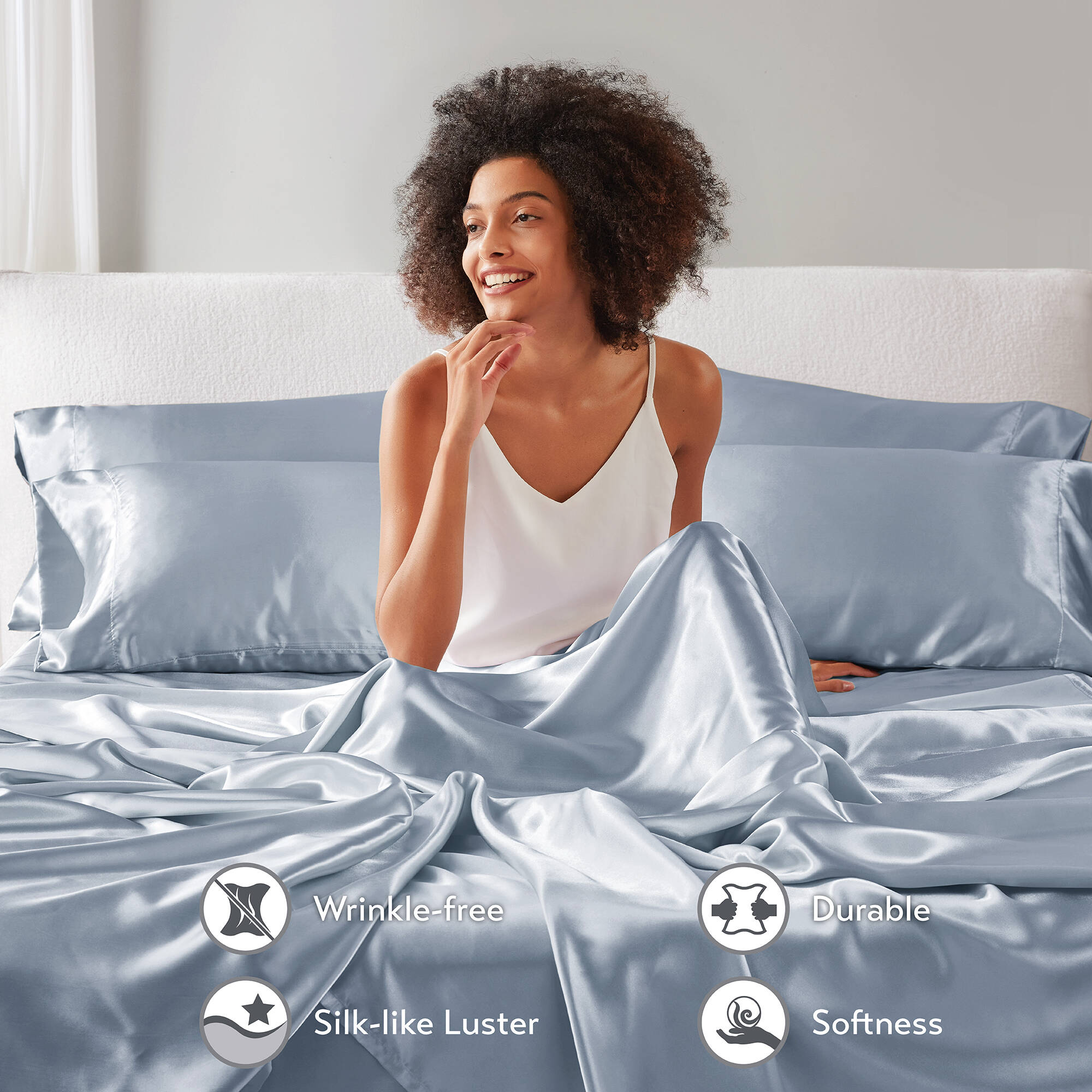 Cooling Sateen Satin Sheet Set, Twin Bed Sheets with Pillowcases, 4-Piece Luxury Silky Sheet Set, Blue, Gifts for Women - Premium Ultra-Soft Pillowcase Pair for Sleeping Detail
