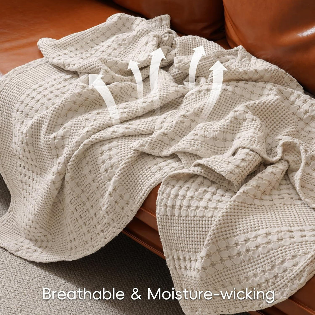 Decorative Knitted 100% Cotton Waffle Weave Blanket, Lightweight Throw Washed Blanket for Bed Sofa Home Decor, Oatmeal, 50"x60" - Cozy Fleece Throw Blanket for Couch & Bed Detail