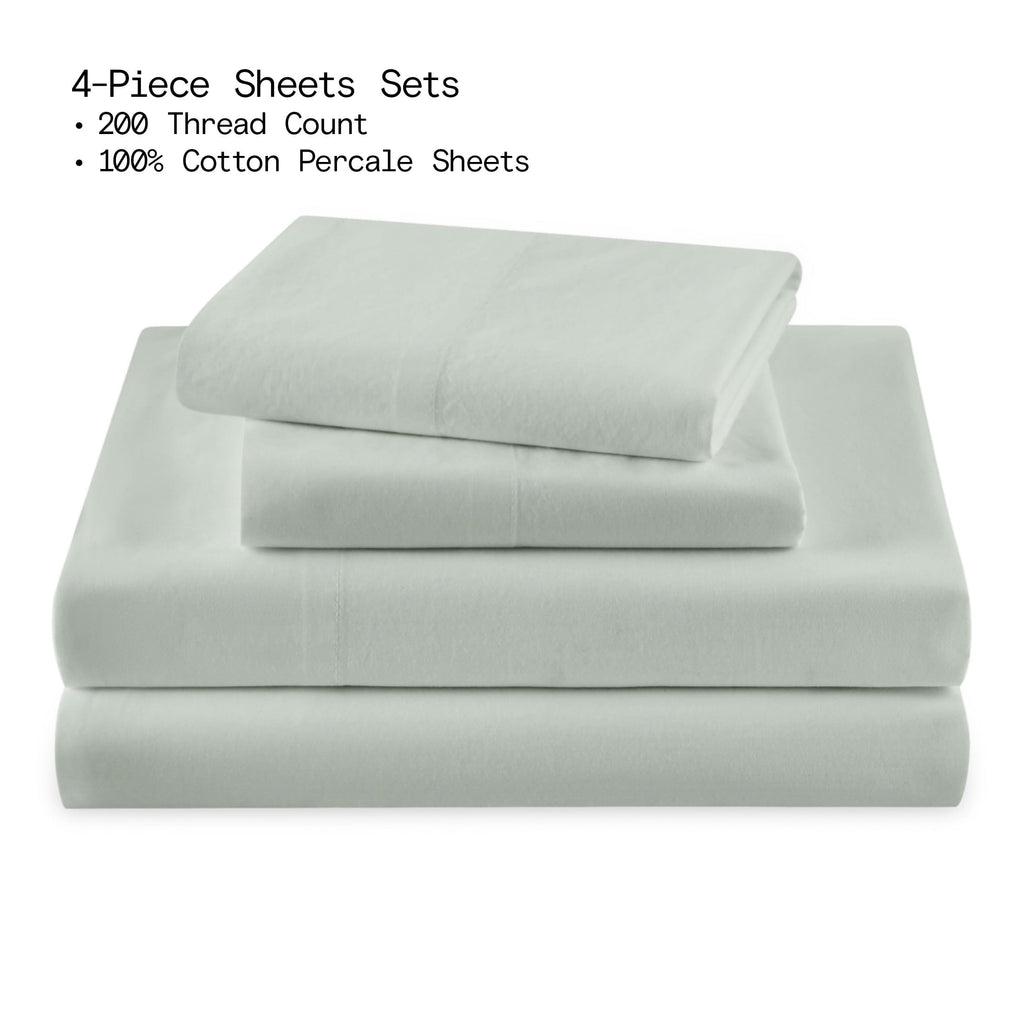 Breathable Luxury Solid 4-Piece 100% Cotton Washed Percale Sage Green Sheet Set, Full - Cooling Hotel Quality Bedding Sheets and Pillowcases Detail