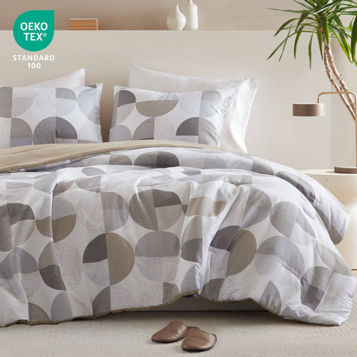 All-Season Full/Queen Size Comforter Set, Tan/Gray Bedding Set for All Seasons, 3-Piece Round Geometric Print Bedding Comforter Set - Cloud-Like Soft Lightweight Bed Comforter Detail
