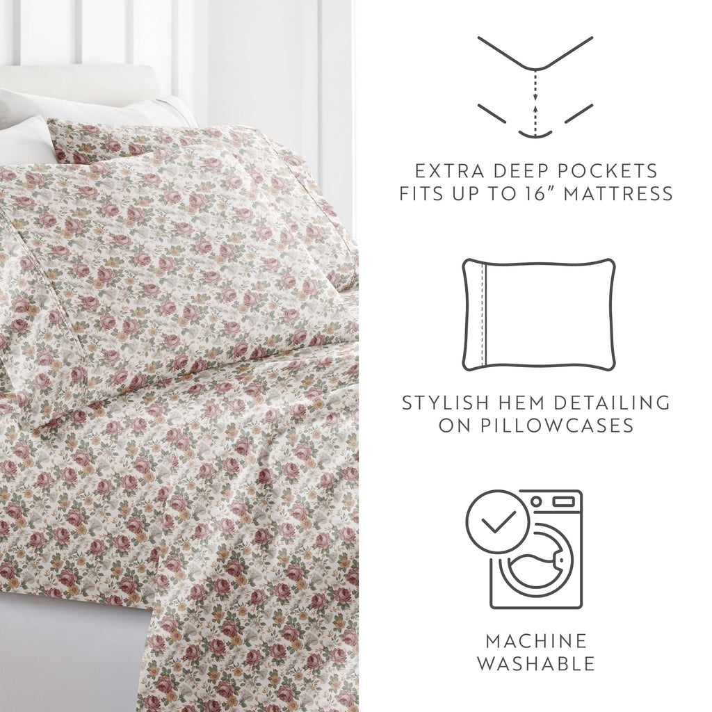 Ultra-Soft 4 Piece Pattern Microfiber Bed Sheets Set, Blooming Floral Rose, Queen - Breathable Egyptian Cotton Flat & Fitted Sheets Detail
