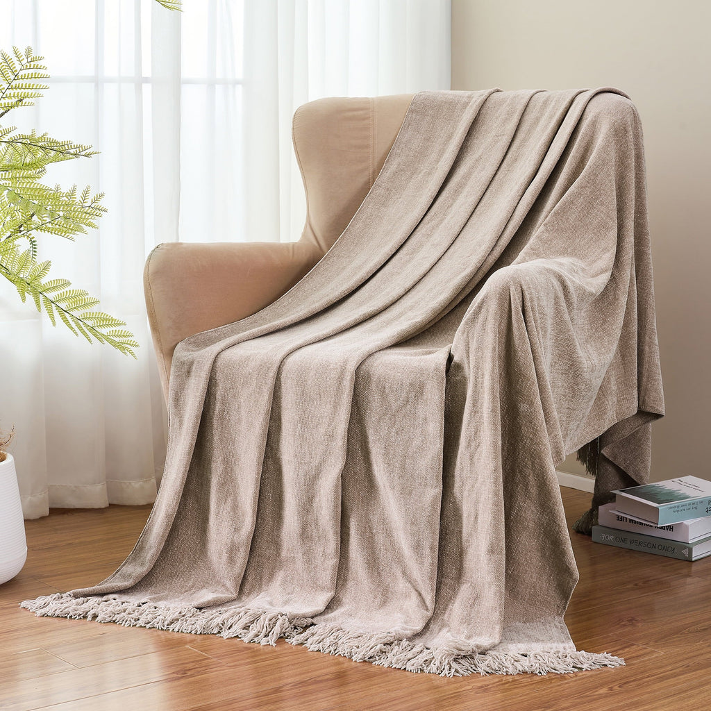 Reversible Sherpa Chenille Throw Blanket with Fringe Tassel for Couch Sofa Chair Bed, Taupe 50" X 60" - Cozy Fleece Throw Blanket for Couch & Bed Detail