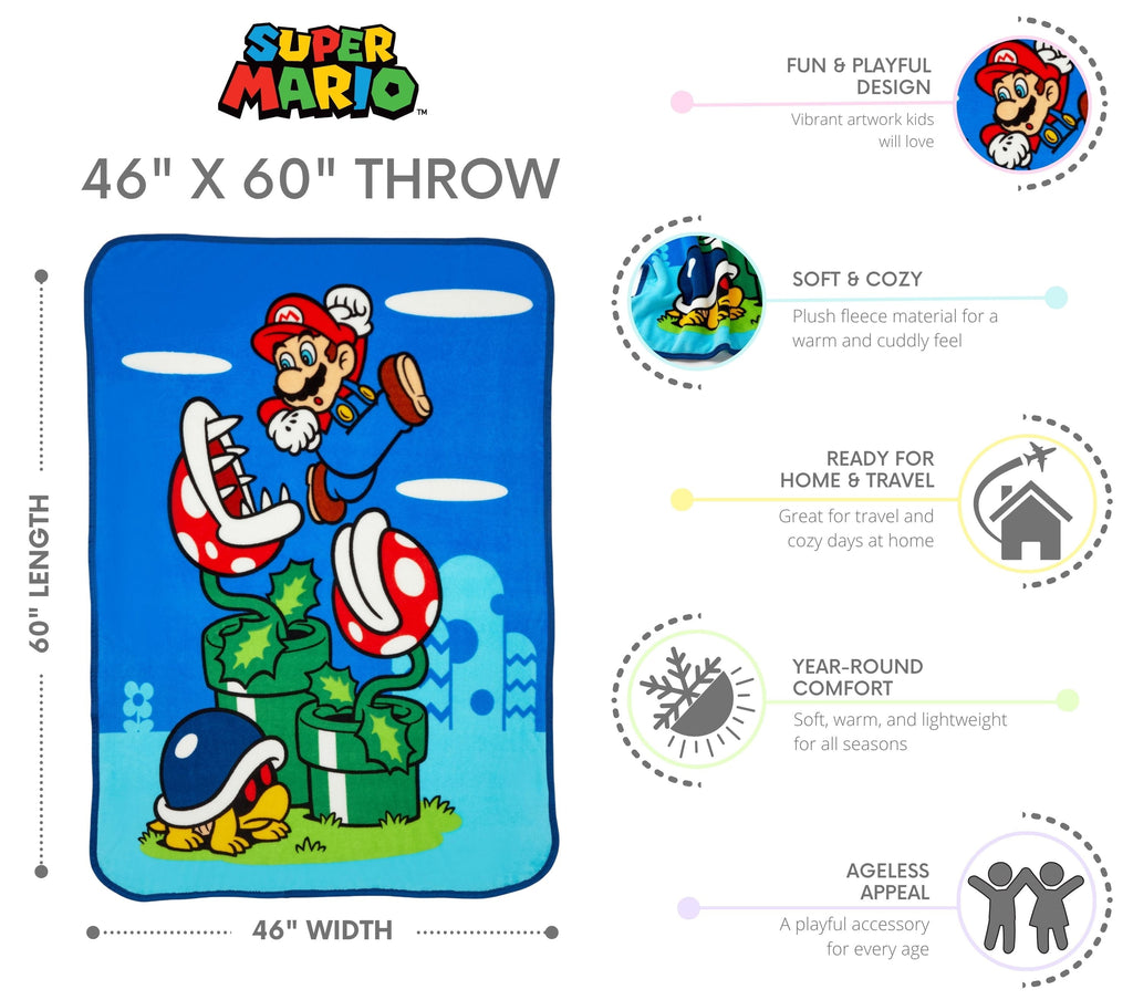 Lightweight Warm Kids Fleece Throw Blanket 46x60, Nintendo - Super Soft Reversible Sherpa Flannel Blanket Detail