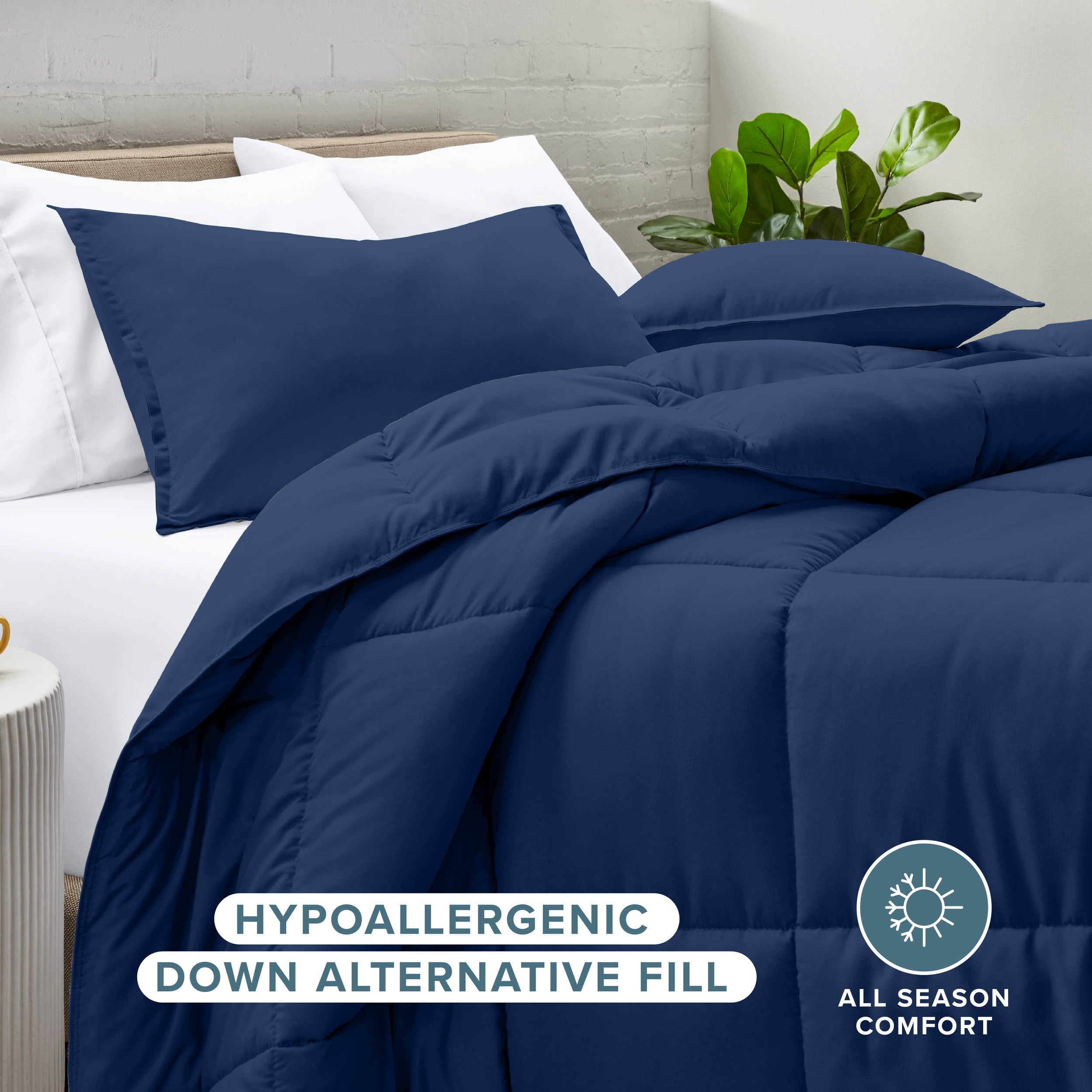 Heavyweight Warmth Down Alternative Comforter Set - 3-Pieces - All Seasons - Queen, Dark Blue - Luxurious Quilted Duvet Cover Set Detail