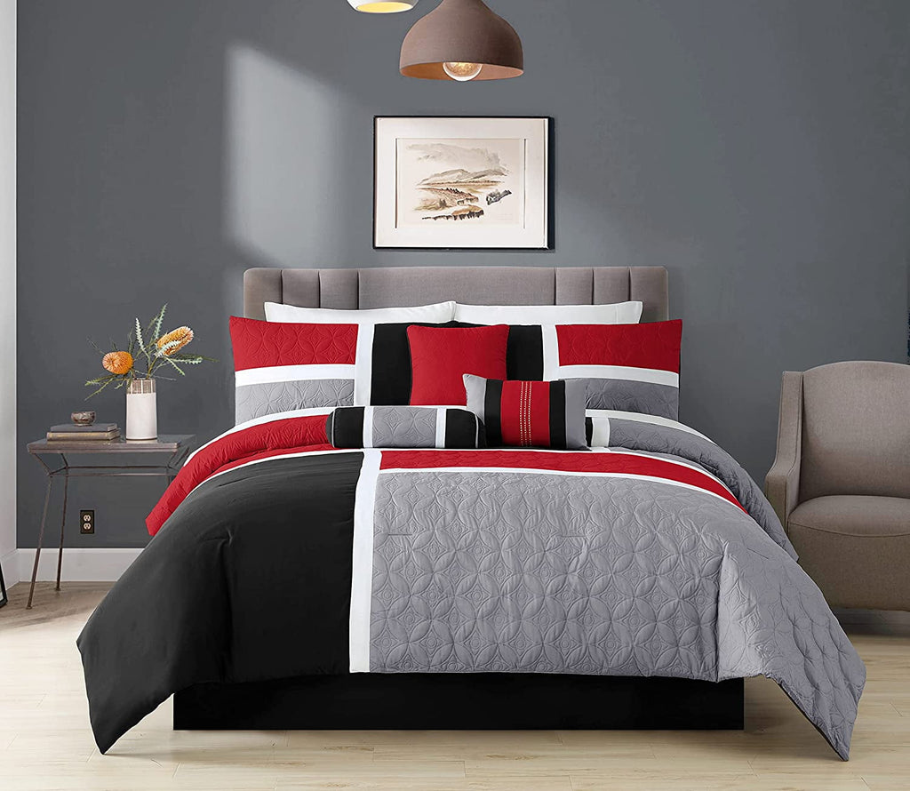 Luxurious Quilted 7-Piece Medallion Patchwork Comforter Set, Full, Red/Gray/Black - All-Season Down Alternative Comforter Insert Detail