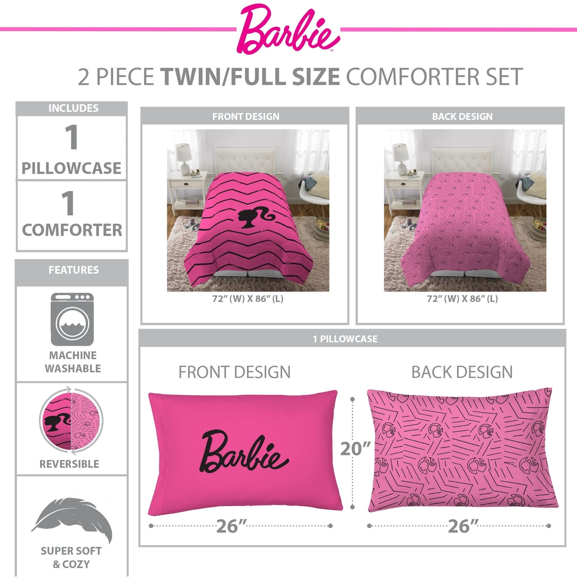 Heavyweight Warmth Kids 2 Piece Pink Black Chevron Reversible Comforter and Pillowcase set, Twin/full - Cloud-Like Soft Lightweight Bed Comforter Detail