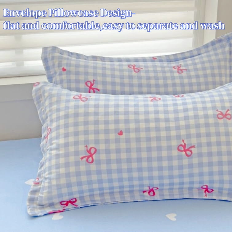 Hypoallergenic Cloud 3-Piece Blue Plaid Pink Bows Comforter Full Set , Cute Soft Bedding Set for Kids Adults - Luxurious Quilted Duvet Cover Set Detail
