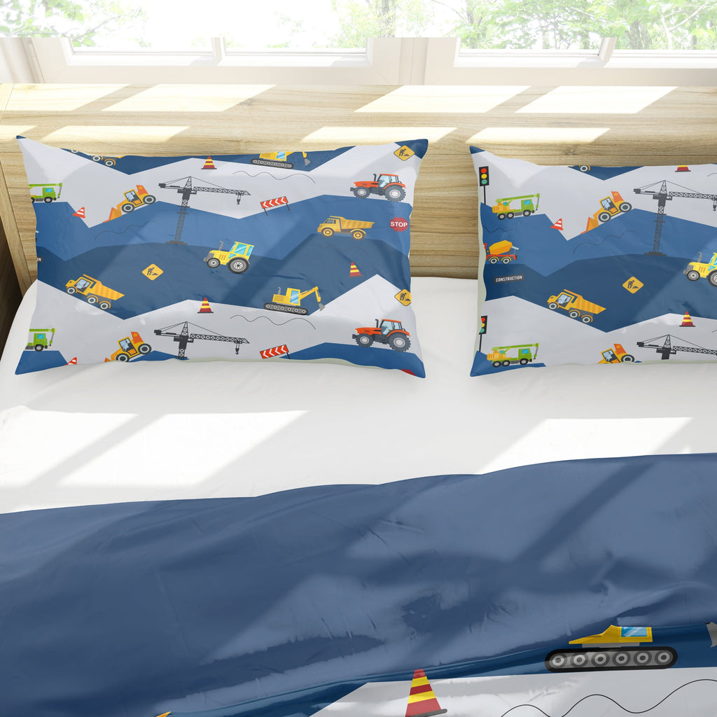 Hypoallergenic Cloud Car Comforter Set Construction Bedding Set for Boys Kids Trucks Comforter Cartoon Car Excavator Tractor Blue 3Pcs Twin - Hypoallergenic Ultra-Fluffy Quilt for Winter Detail