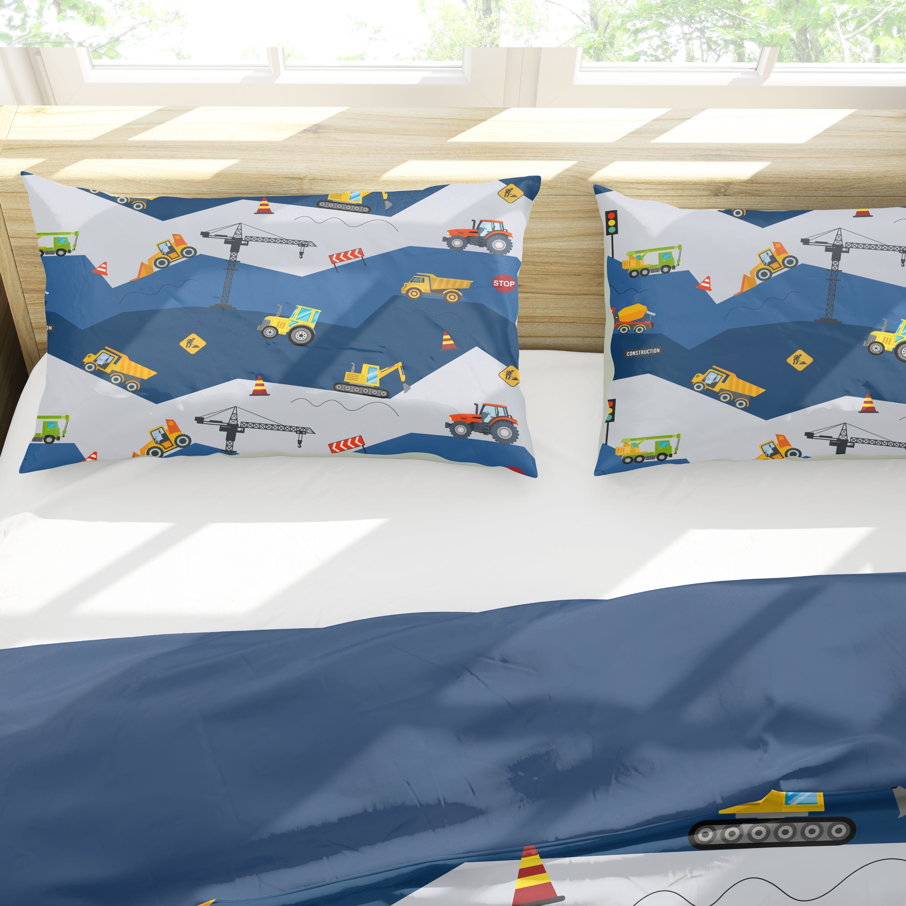 Hypoallergenic Cloud Car Comforter Set Construction Bedding Set for Boys Kids Trucks Comforter Cartoon Car Excavator Tractor Blue 3Pcs Twin - Hypoallergenic Ultra-Fluffy Quilt for Winter Detail