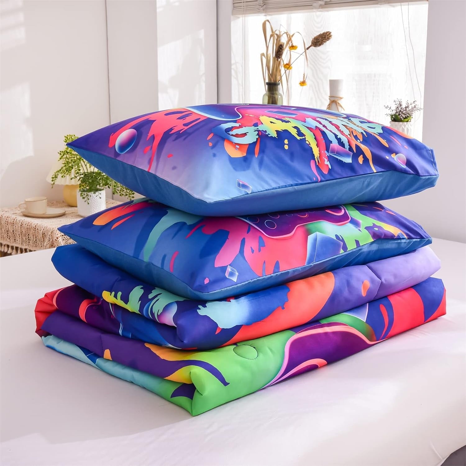Fluffy Down Alternative Purple Queen Gaming Comforter Sets for Boys Kids Bedding Sets Colorful Games Console Gamer Quilt Set - Cloud-Like Soft Lightweight Bed Comforter Detail