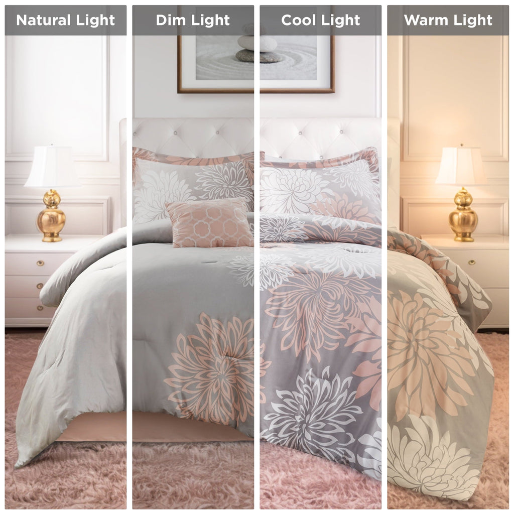 All-Season King Size Comforter Set, 5-Piece Floral Bedding Set for All Season, Blush Comforter Set King with Bed Skirt - Luxurious Quilted Duvet Cover Set Detail