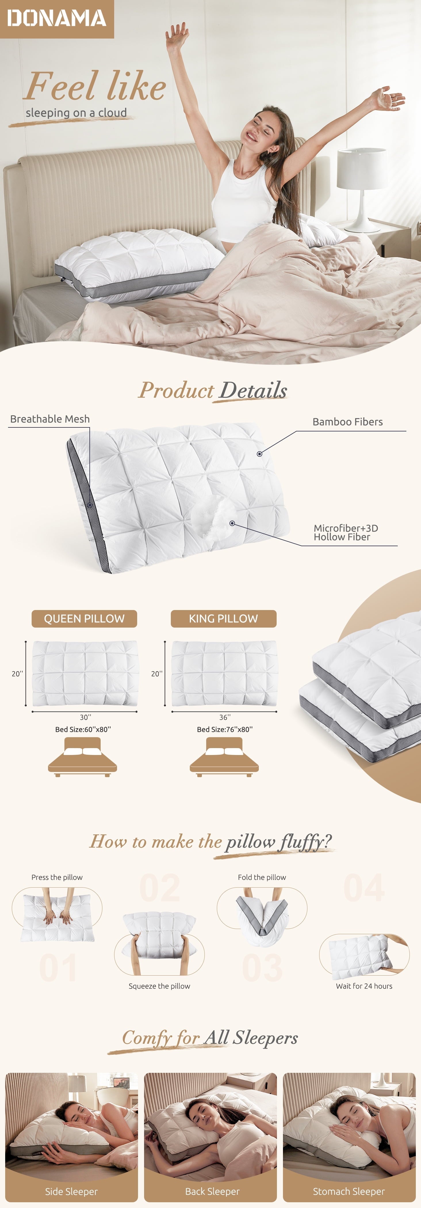 Decorative Plump Hotel Cervical Pillow for Sleeping – Ergonomic Contour Neck Support Bed Pillow, Fluffy and Supportive for Side, Back ... - Hotel Quality Plush Sleeping Pillows Detail