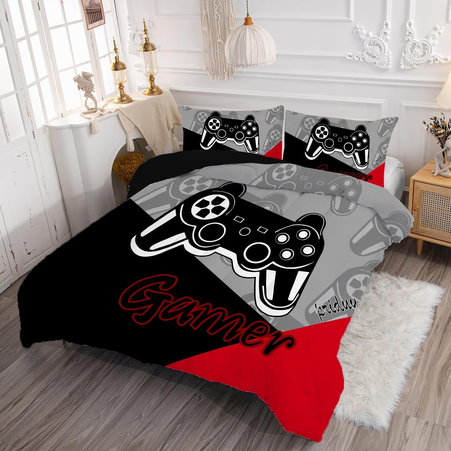 Hypoallergenic Cloud Gaming Comforter for Kids Boys Teens Video Game Bedding Set Gamer Comforter Gamepad Comforter Set Full Size Red Black... - Luxurious Quilted Duvet Cover Set Detail