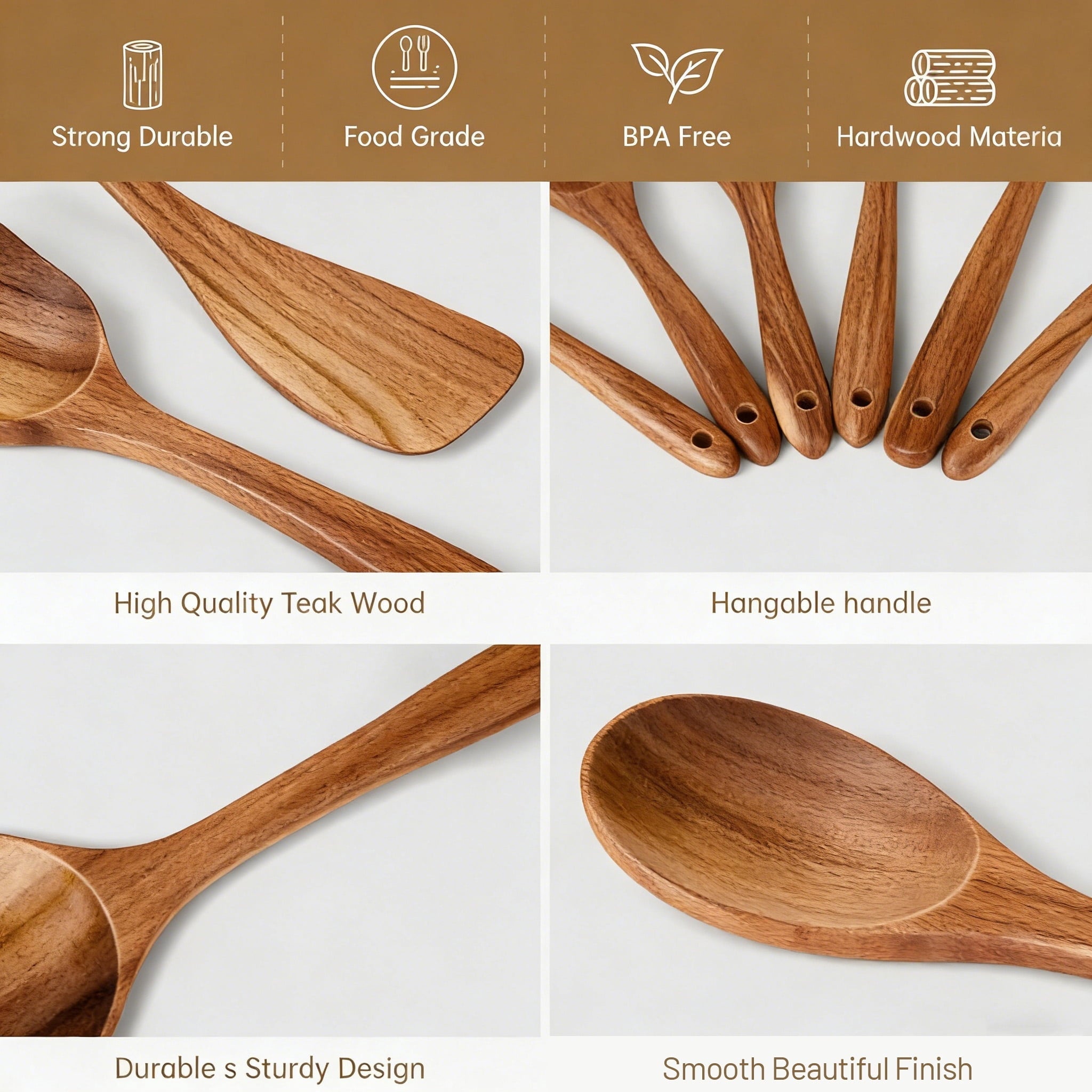 Heat-Resistant Wooden Spoons for Cooking, 6 PCS Teak Wood Cooking Utensil Set, Wooden Kitchen Utensils for Nonstick Pans & Cookware,... - Premium Stainless Steel Cooking Utensil for Non-Stick Pots Detail