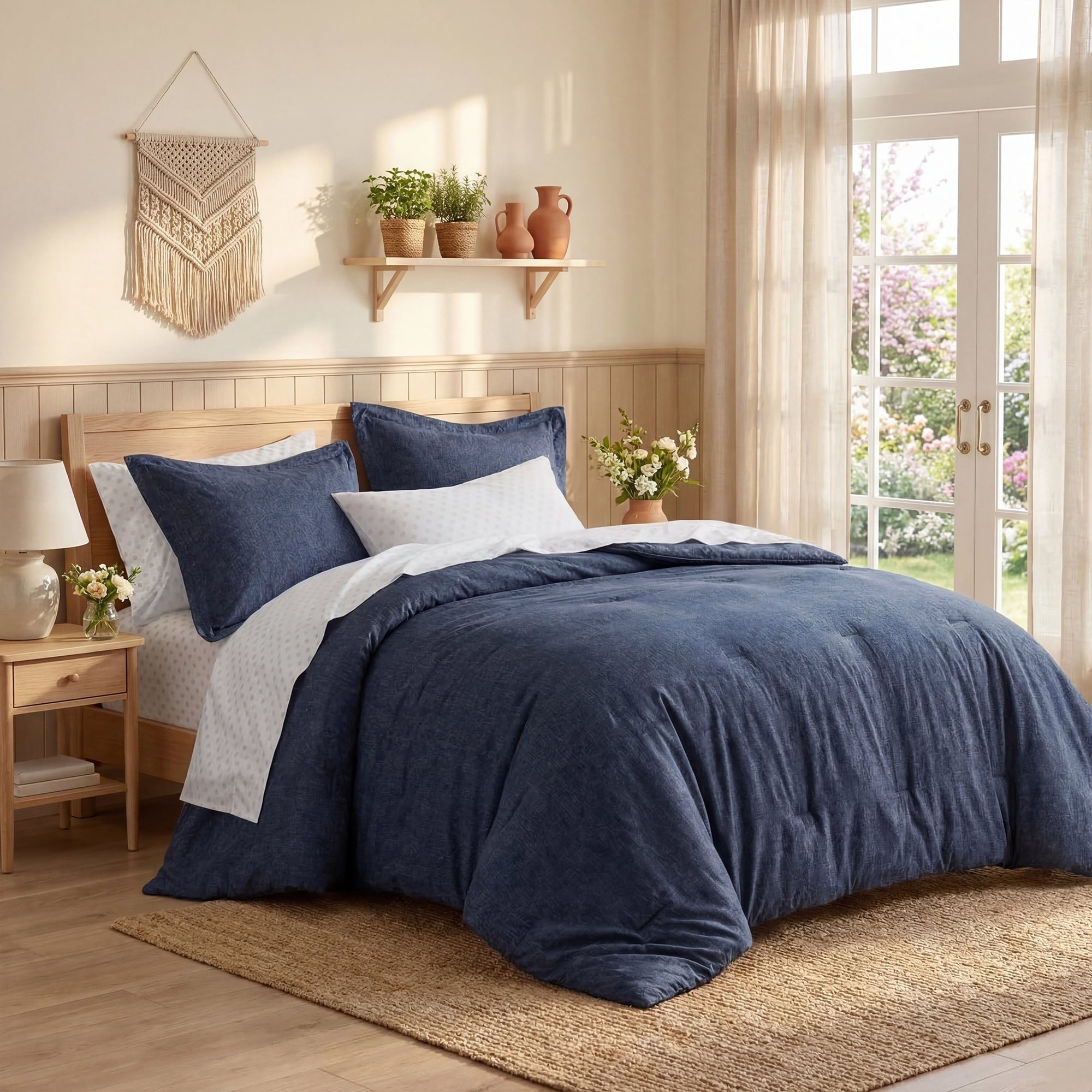 Luxurious Quilted Queen Size Comforter Set, 7-Piece Reversible Bed in a Bag with Sheets, Navy - Hypoallergenic Ultra-Fluffy Quilt for Winter Detail