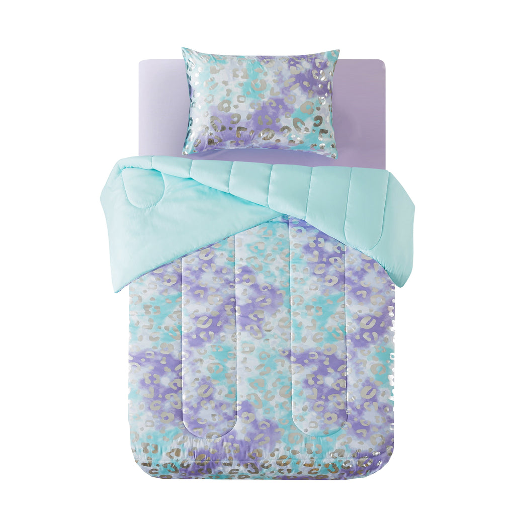 Hypoallergenic Cloud 5-Piece Purple Metallic Foil Cheetah Bedding Set for Kids with Storage Bag, Twin - Luxurious Quilted Duvet Cover Set Detail
