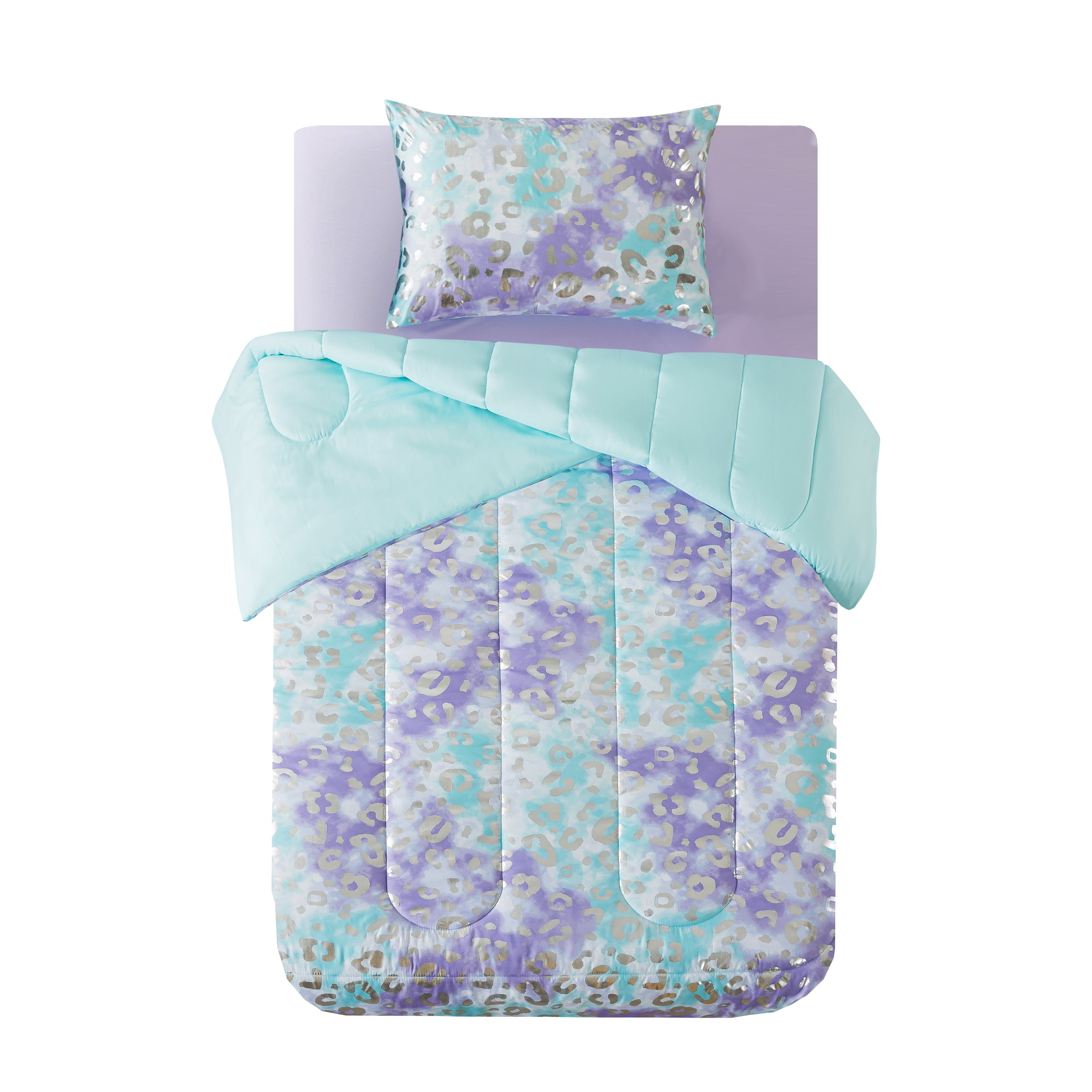 Hypoallergenic Cloud 5-Piece Purple Metallic Foil Cheetah Bedding Set for Kids with Storage Bag, Twin - Luxurious Quilted Duvet Cover Set Detail
