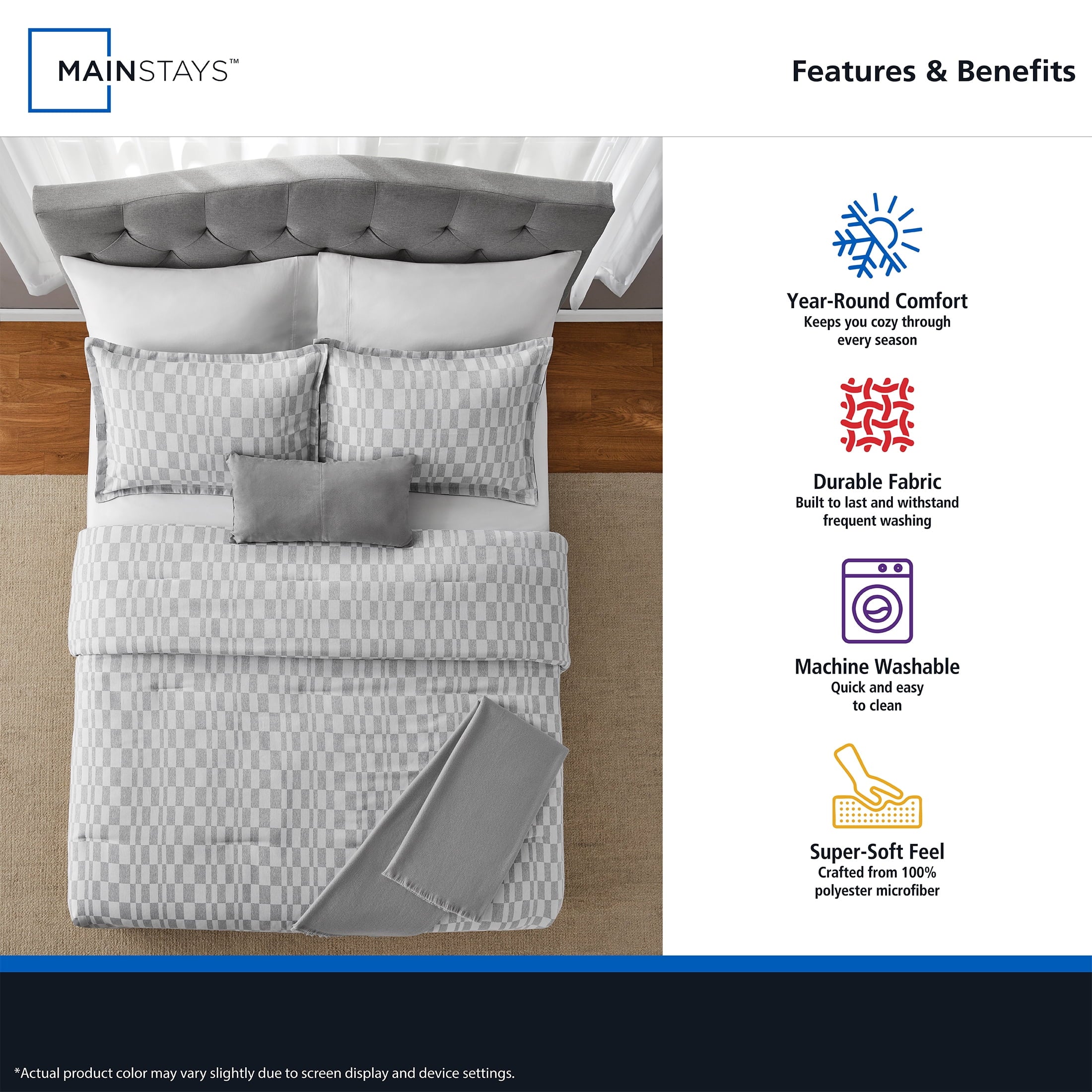 Fluffy Down Alternative Full/Queen Comforter Set, All-Season, 5-Piece, Soft Silver Check - Cloud-Like Soft Lightweight Bed Comforter Detail