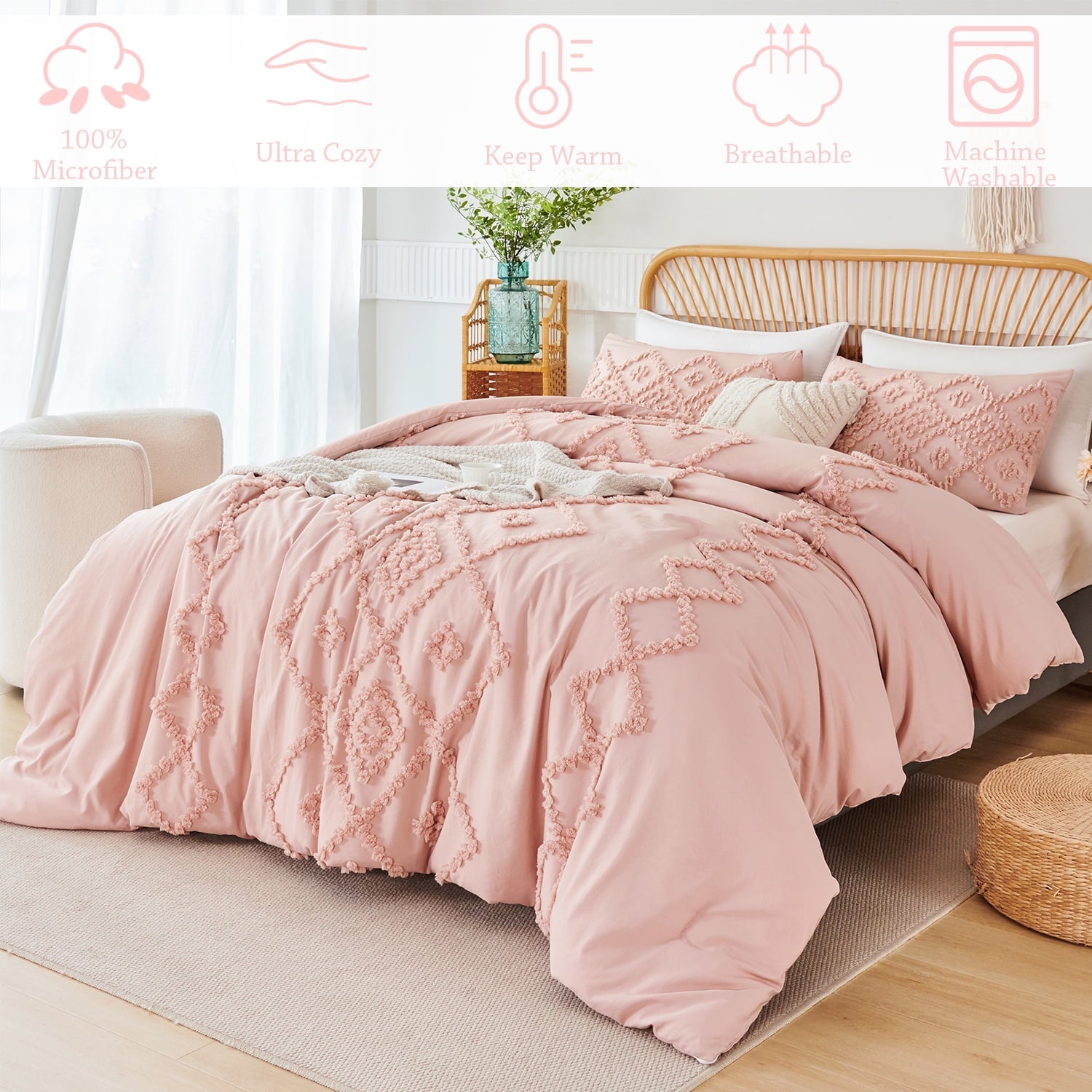 Hypoallergenic Cloud Pink Diamond Jacquard Comforter Set Queen 3 Pcs Bohemian Tufts Quilt Set for Kids Girls Adult 100% Soft Microfiber Be... - Luxurious Quilted Duvet Cover Set Detail