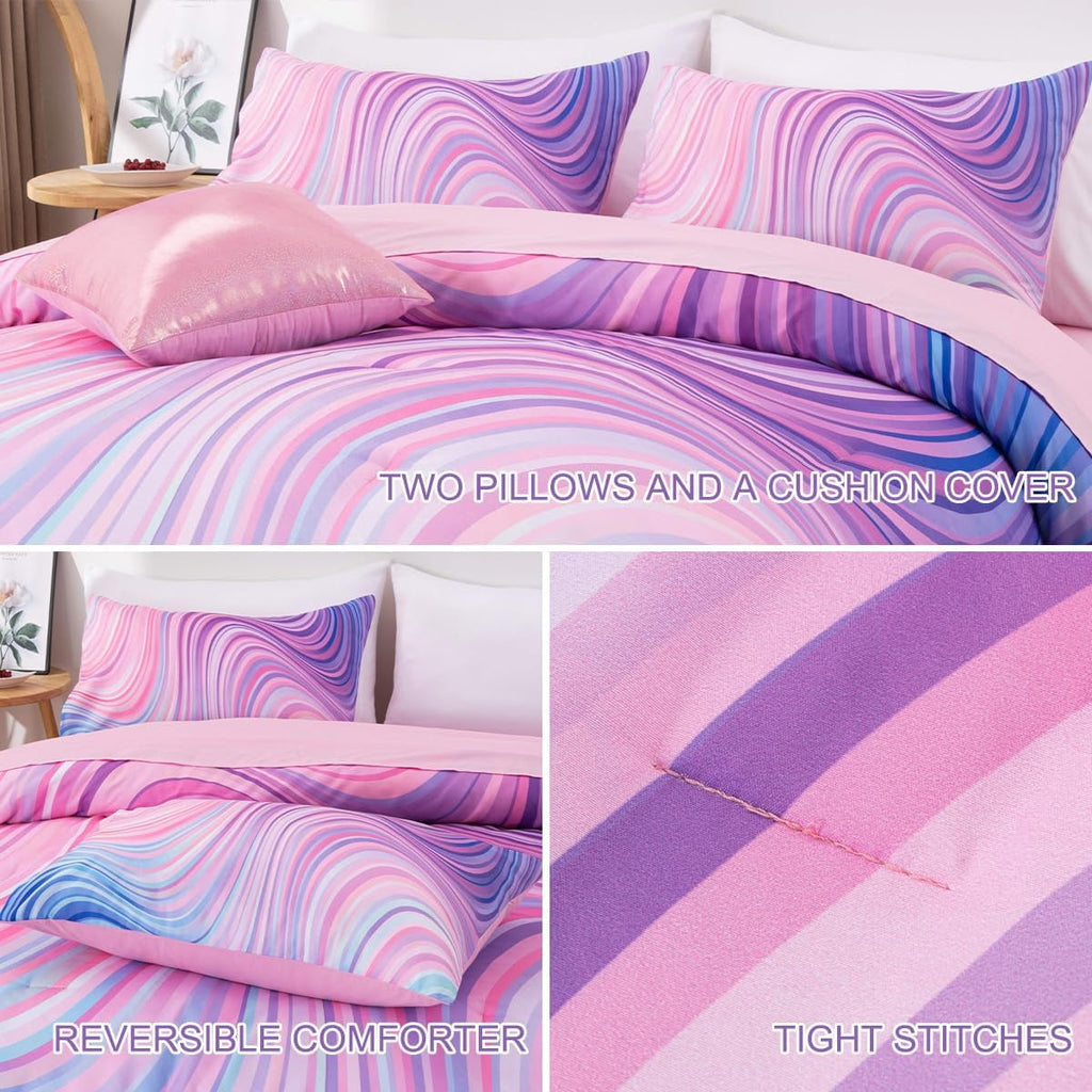 All-Season 6 Pieces Gradient Star Ring Comforter Set, Colorful Glitter Rainbow Wave Stripes Pattern Bedding Set for Boys Girls T... - Cloud-Like Soft Lightweight Bed Comforter Detail