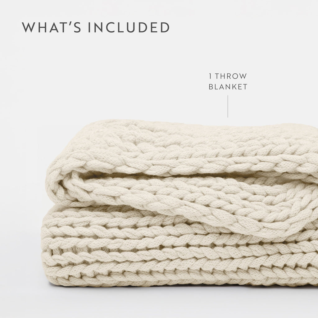 Reversible Sherpa Soft & Cozy Chunky Hand-Knit Throw Blanket, Ivory - Luxury Knitted Decorative Throw Blanket with Fringes Detail