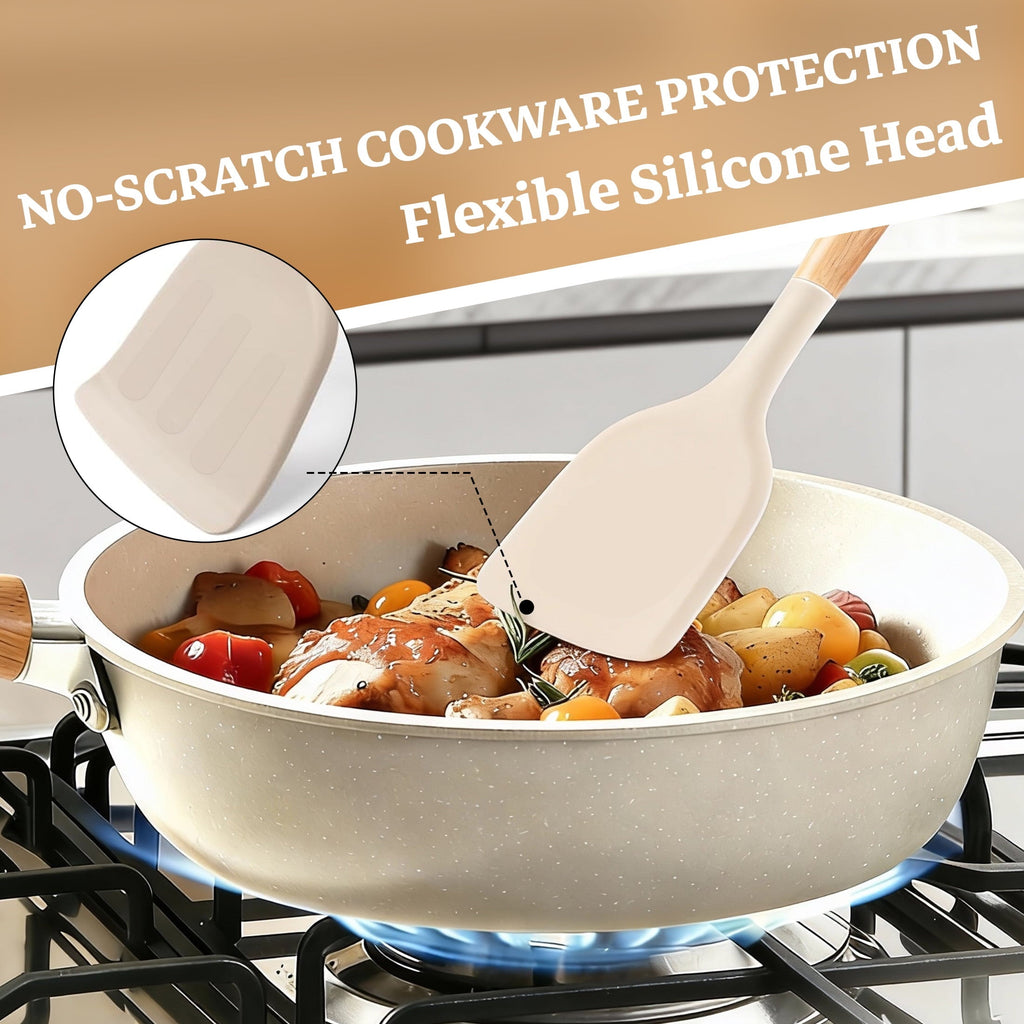 Ergonomic Cooking 14-Piece Silicone Cooking Utensils Set, Non-Stick Kitchen Utensil Set for Baking, Flipping, Mixing, White - Ergonomic Kitchen Tongs and Cooking Spoon Utensil Detail