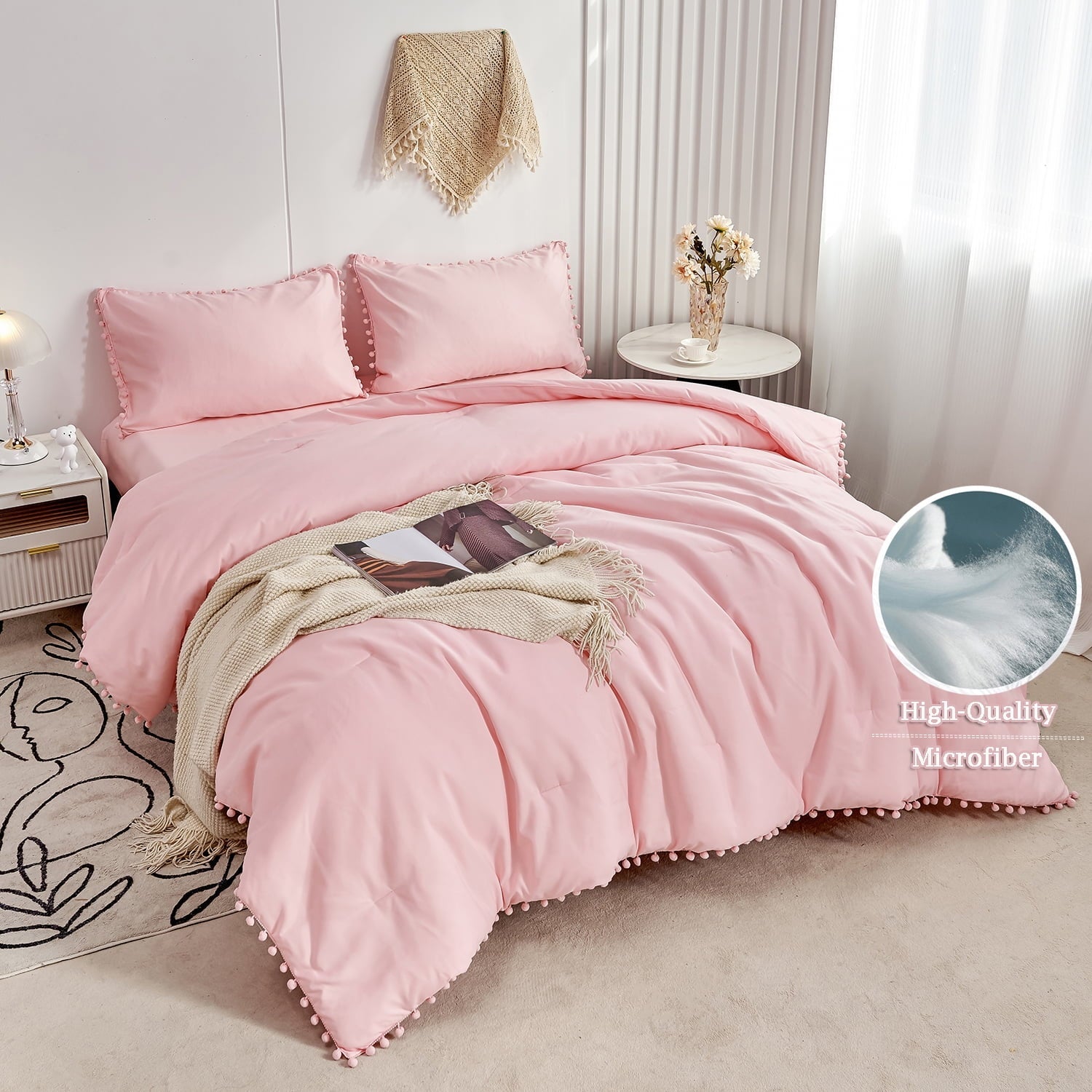 Hypoallergenic Cloud Pink Full Size Comforter Set Pom Fringe 3 Pcs Boho Chic Cute Ball Pom Blush Bedding Set Cali Soft Lightweight Solid B... - Hypoallergenic Ultra-Fluffy Quilt for Winter Detail