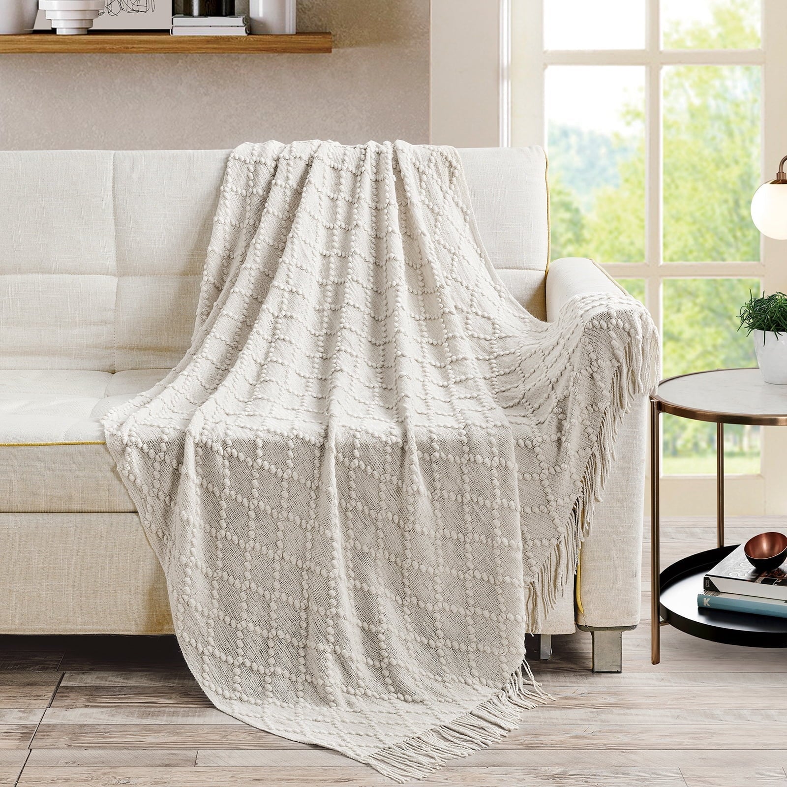 Super Soft Flannel Texture Pure Color Soft Throw Blanket and Sofa Or Bed Knitted Decorative Blanket 50 x70 inches Jacquard Diamond Beige... - Lightweight Plush Warm Blanket for All Seasons Detail